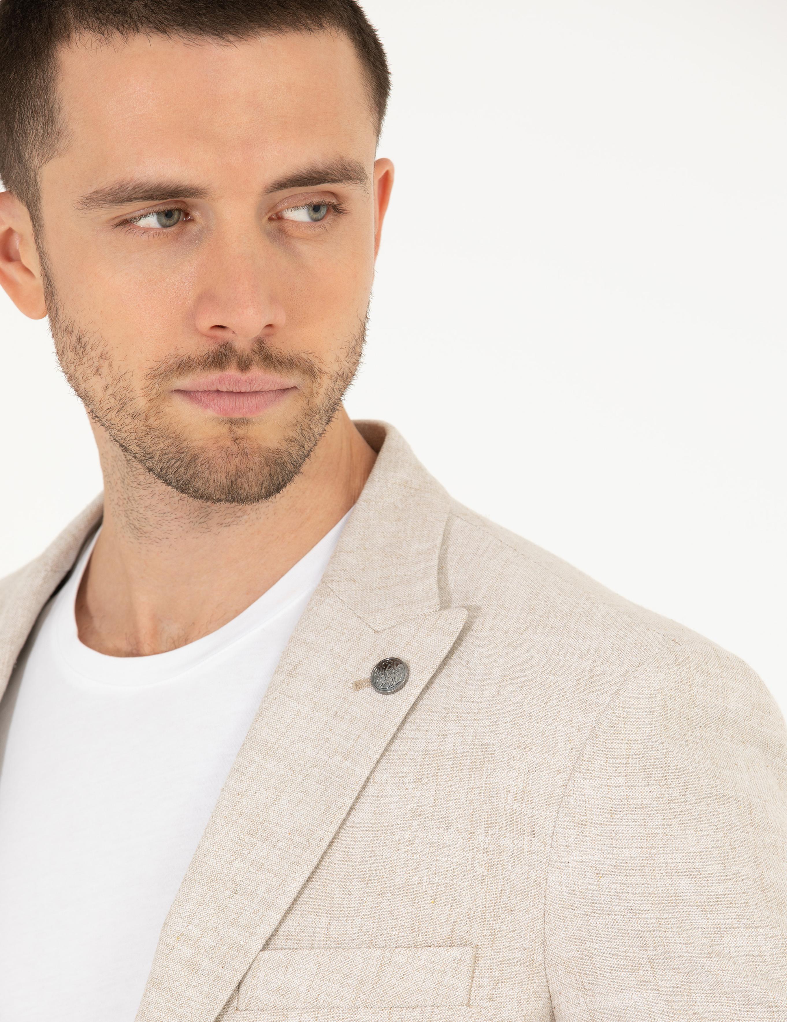 Bej Keten Karışımlı Spor Ceket