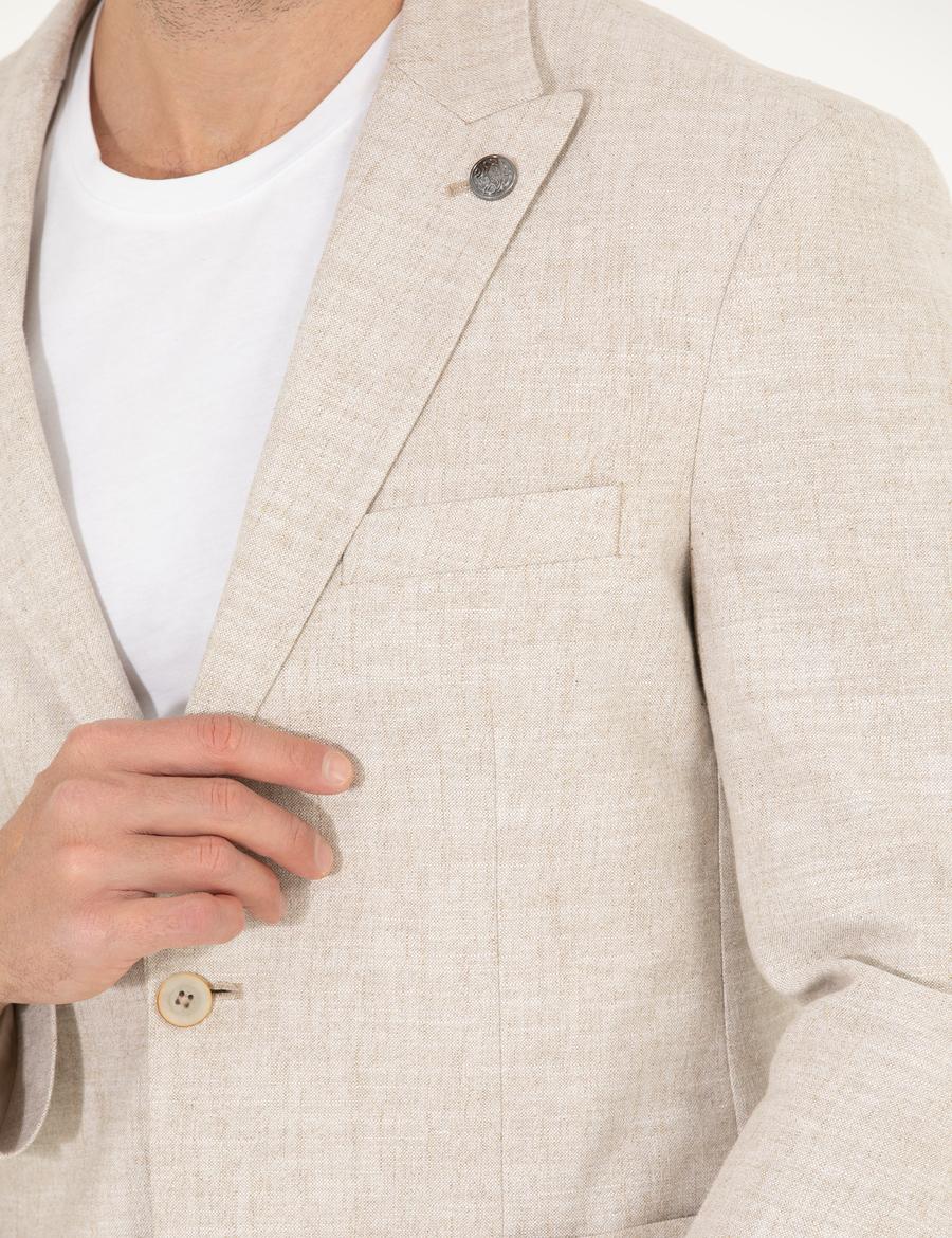 Bej Keten Karışımlı Spor Ceket