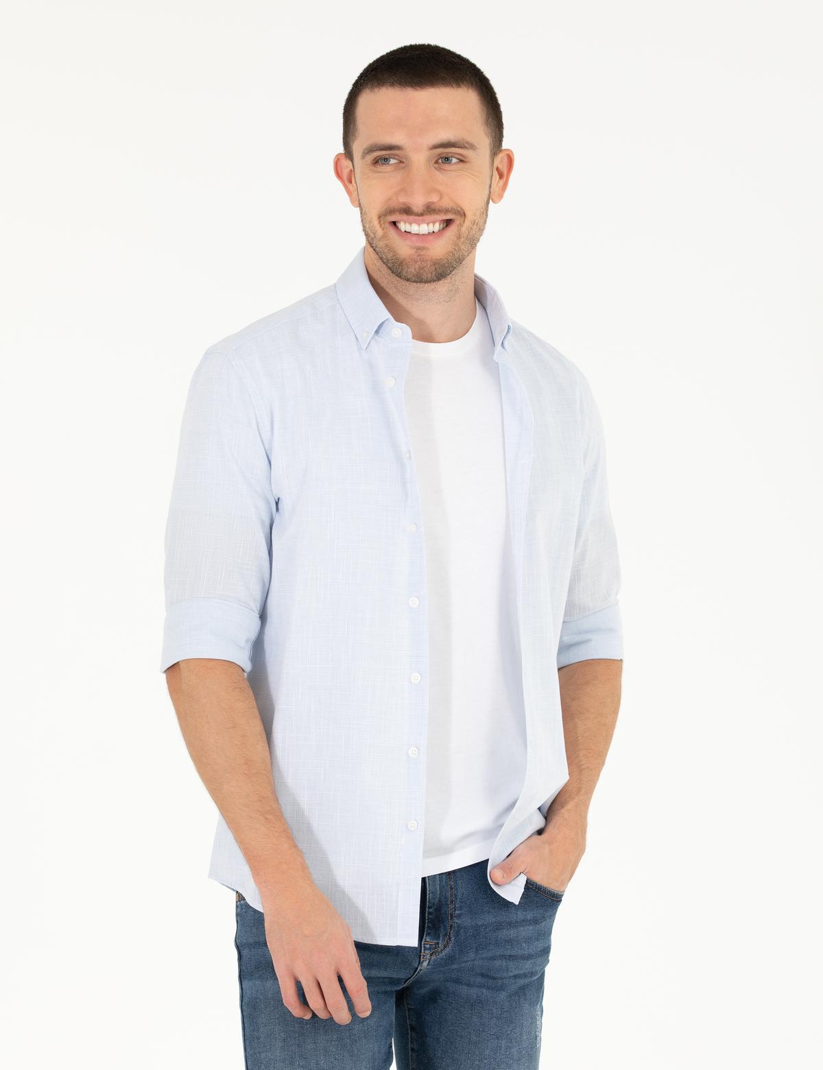 Açık Mavi Slim Fit Keten Görünümlü Gömlek