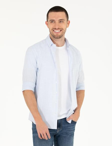 Açık Mavi Slim Fit Keten Görünümlü Gömlek - 50272221006