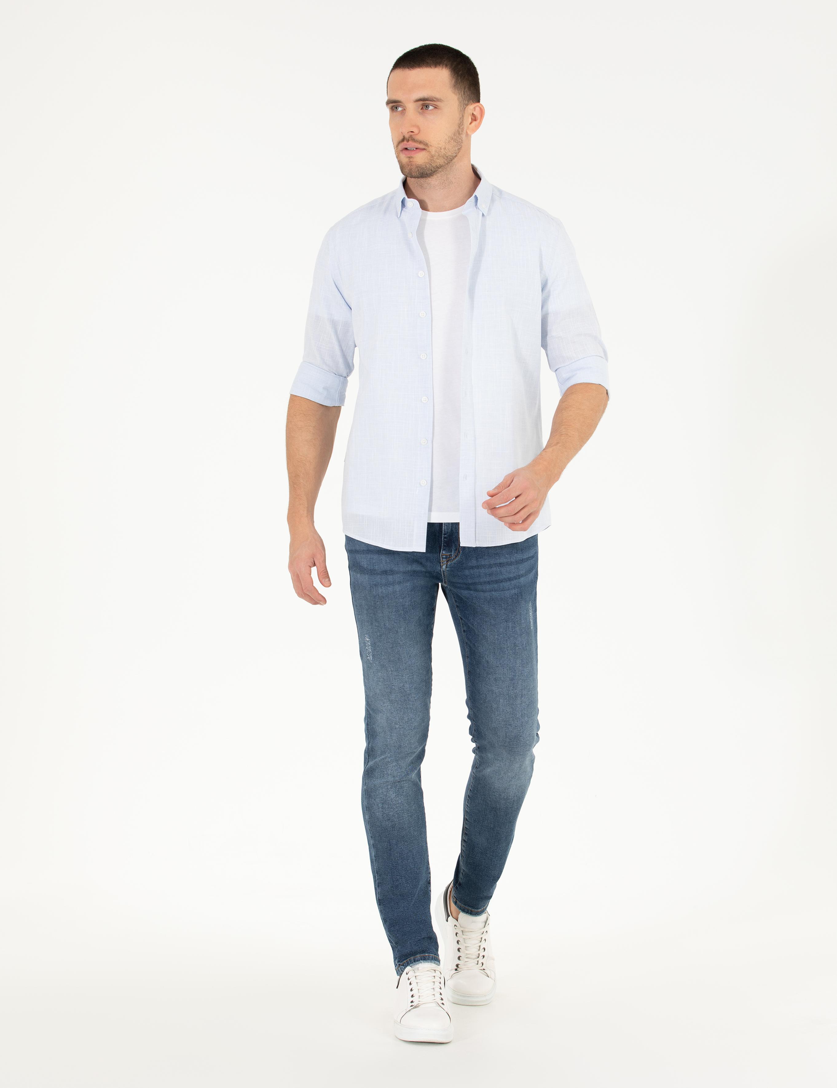 Açık Mavi Slim Fit Keten Görünümlü Gömlek