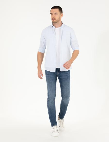 Açık Mavi Slim Fit Keten Görünümlü Gömlek - 50272221006