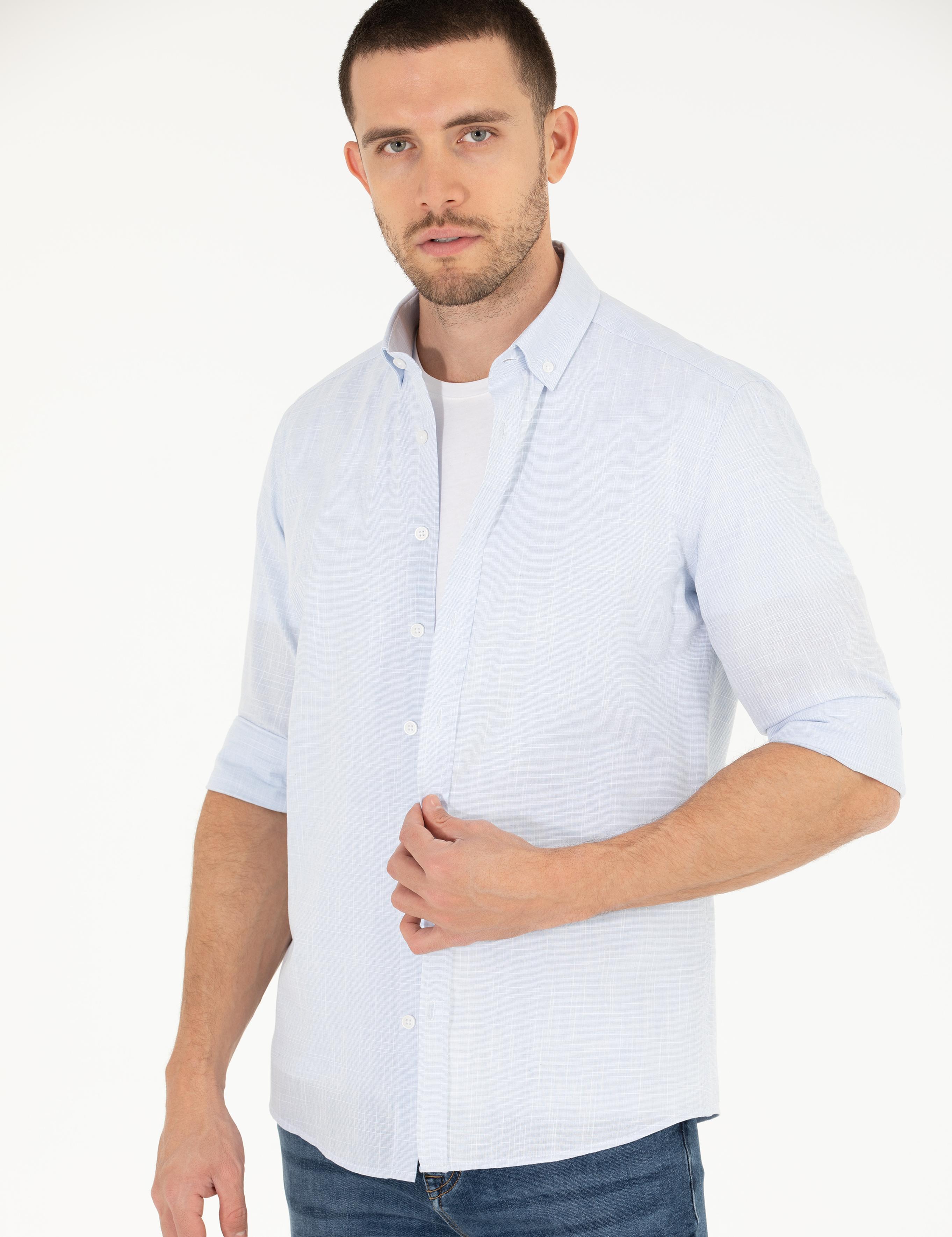 Açık Mavi Slim Fit Keten Görünümlü Gömlek