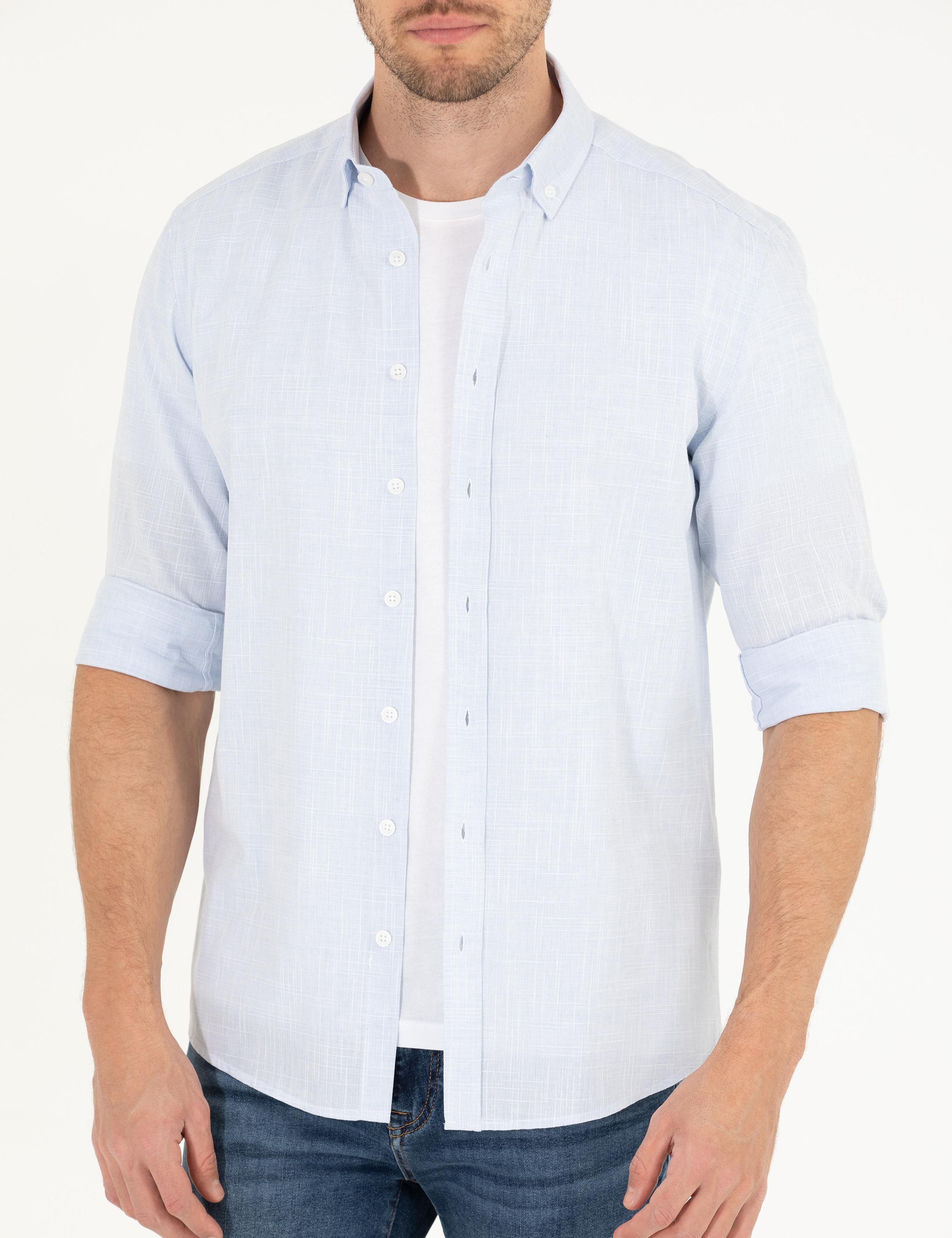 Açık Mavi Slim Fit Keten Görünümlü Gömlek