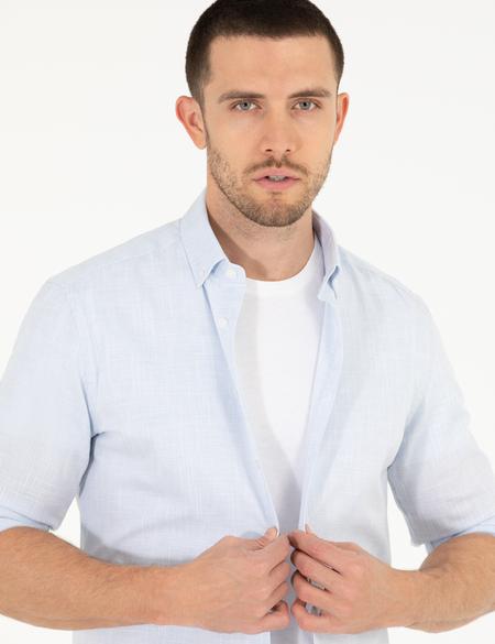 Açık Mavi Slim Fit Keten Görünümlü Gömlek - 50272221006
