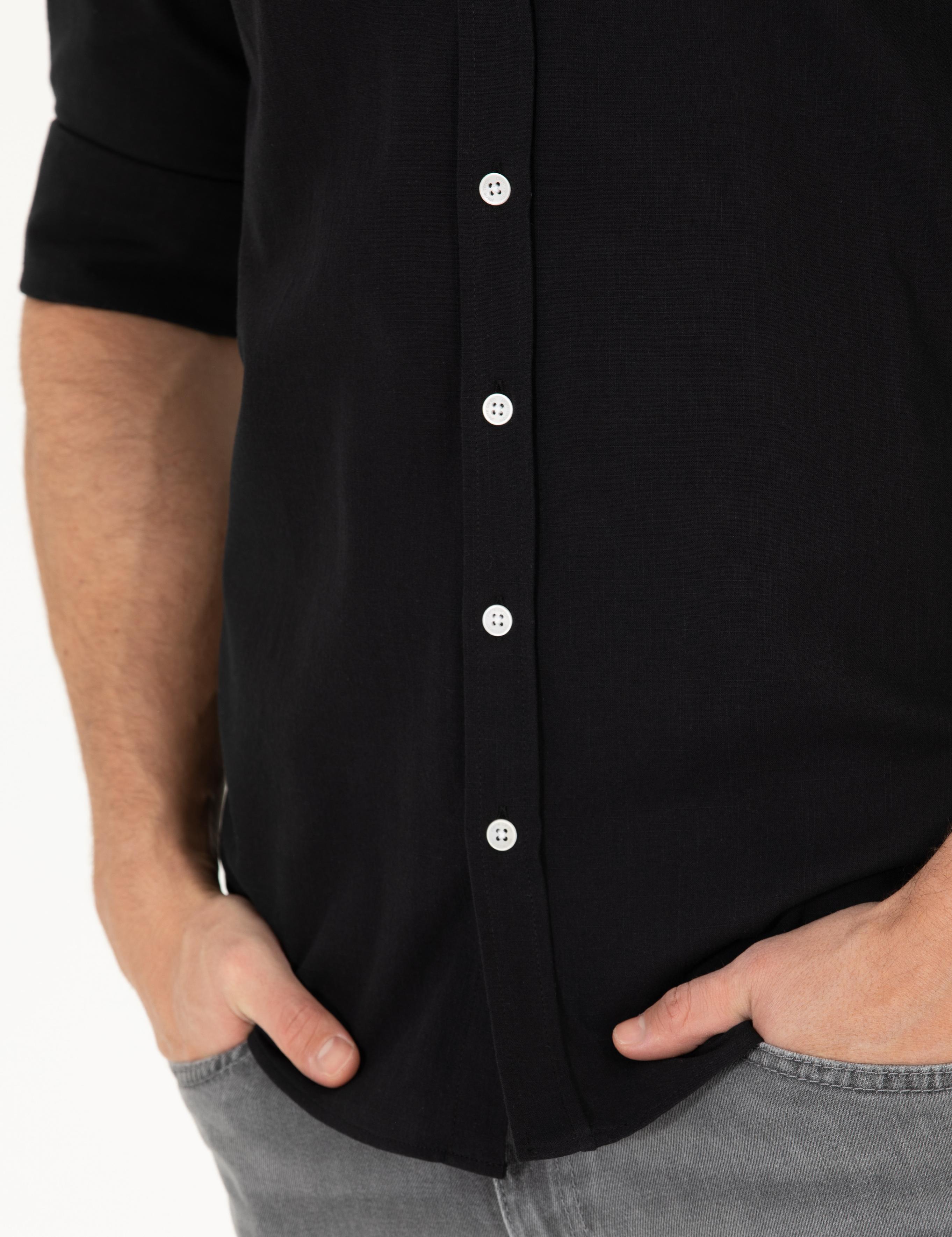 Siyah Slim Fit Keten Görünümlü Gömlek