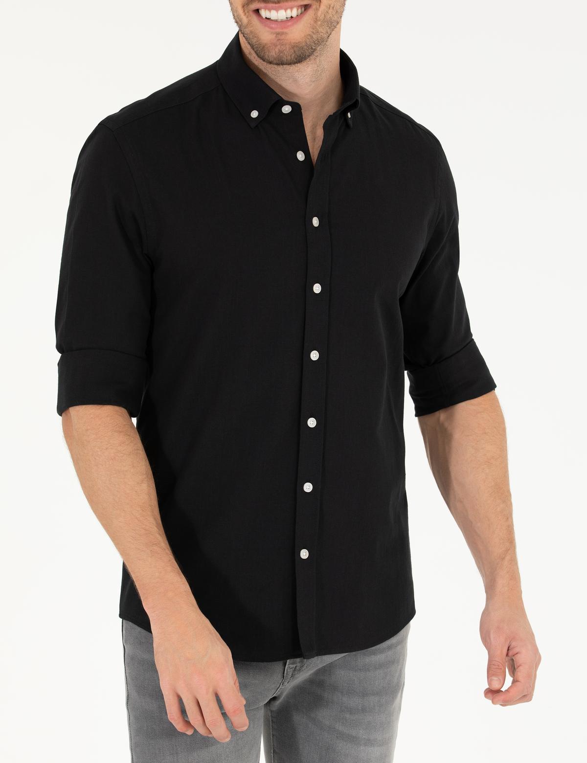 Siyah Slim Fit Keten Görünümlü Gömlek - 50272221033