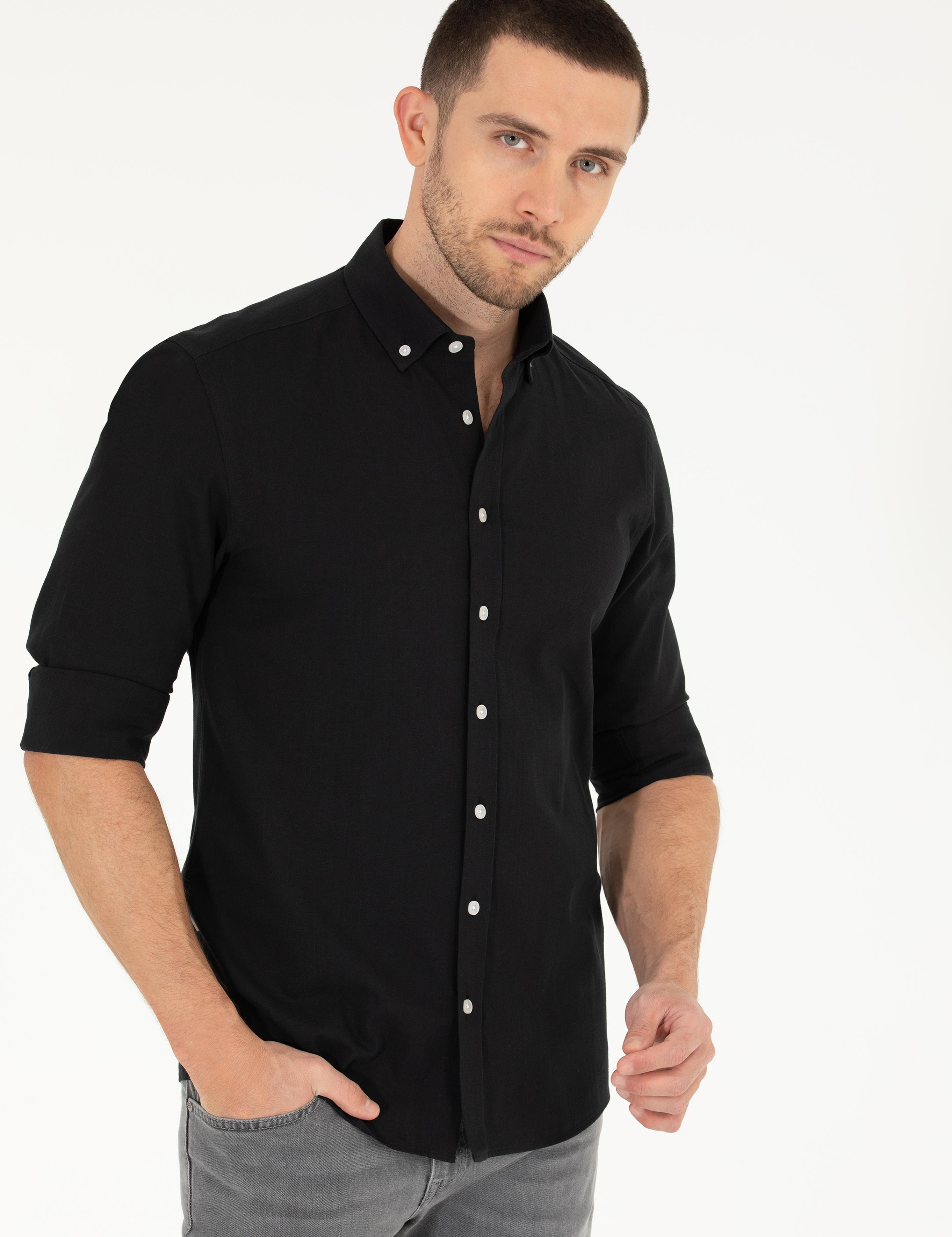 Siyah Slim Fit Keten Görünümlü Gömlek