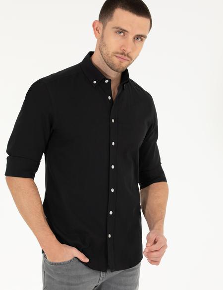 Siyah Slim Fit Keten Görünümlü Gömlek - 50272221033