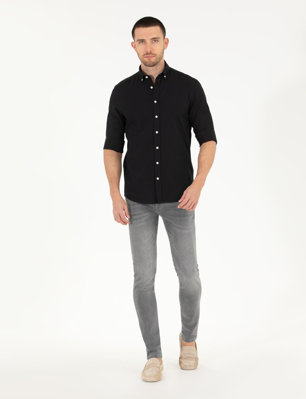 Siyah Slim Fit Keten Görünümlü Gömlek - 50272221033