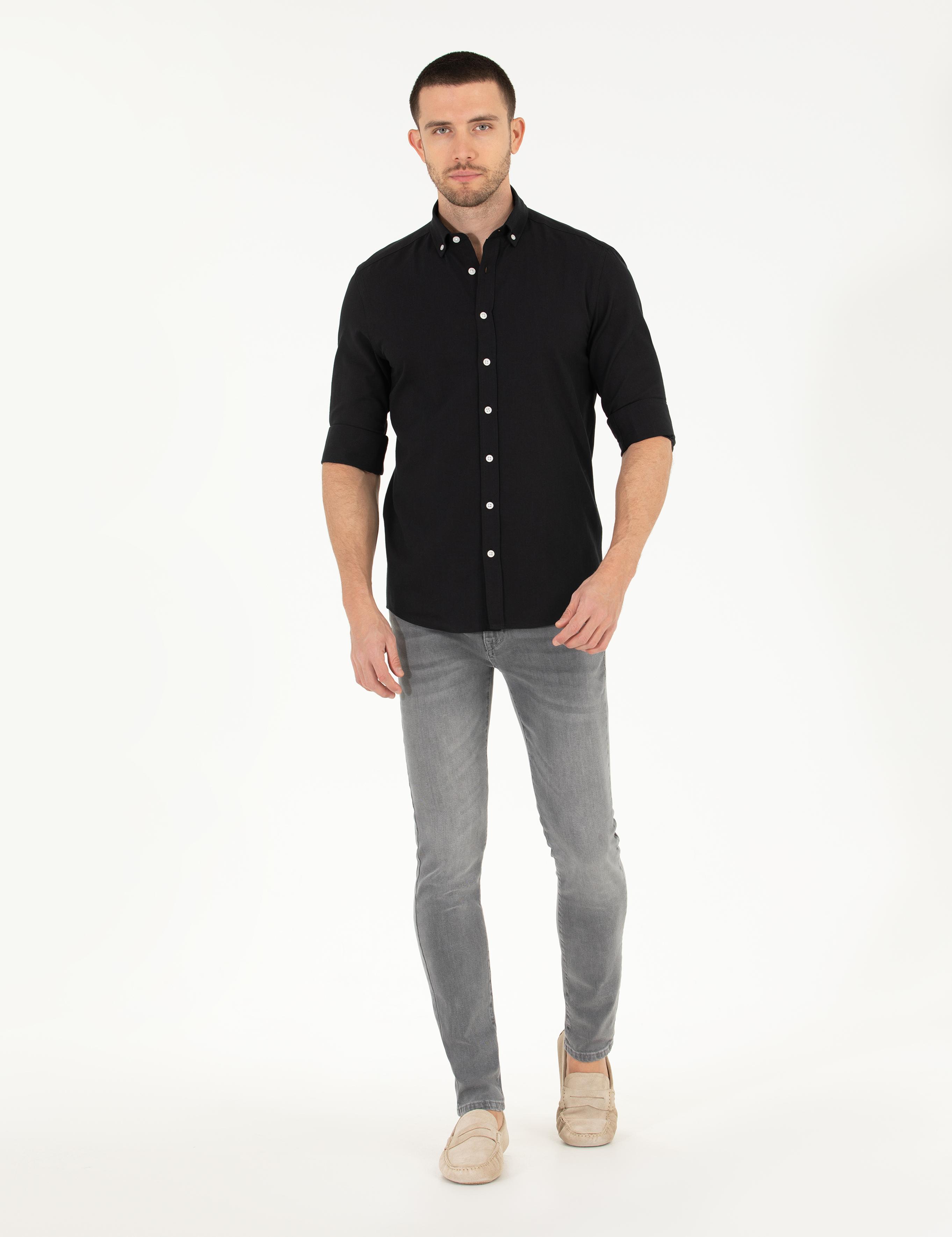 Siyah Slim Fit Keten Görünümlü Gömlek