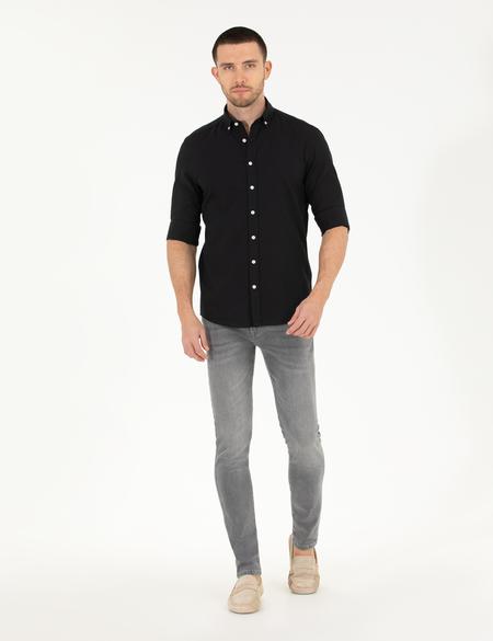 Siyah Slim Fit Keten Görünümlü Gömlek - 50272221033