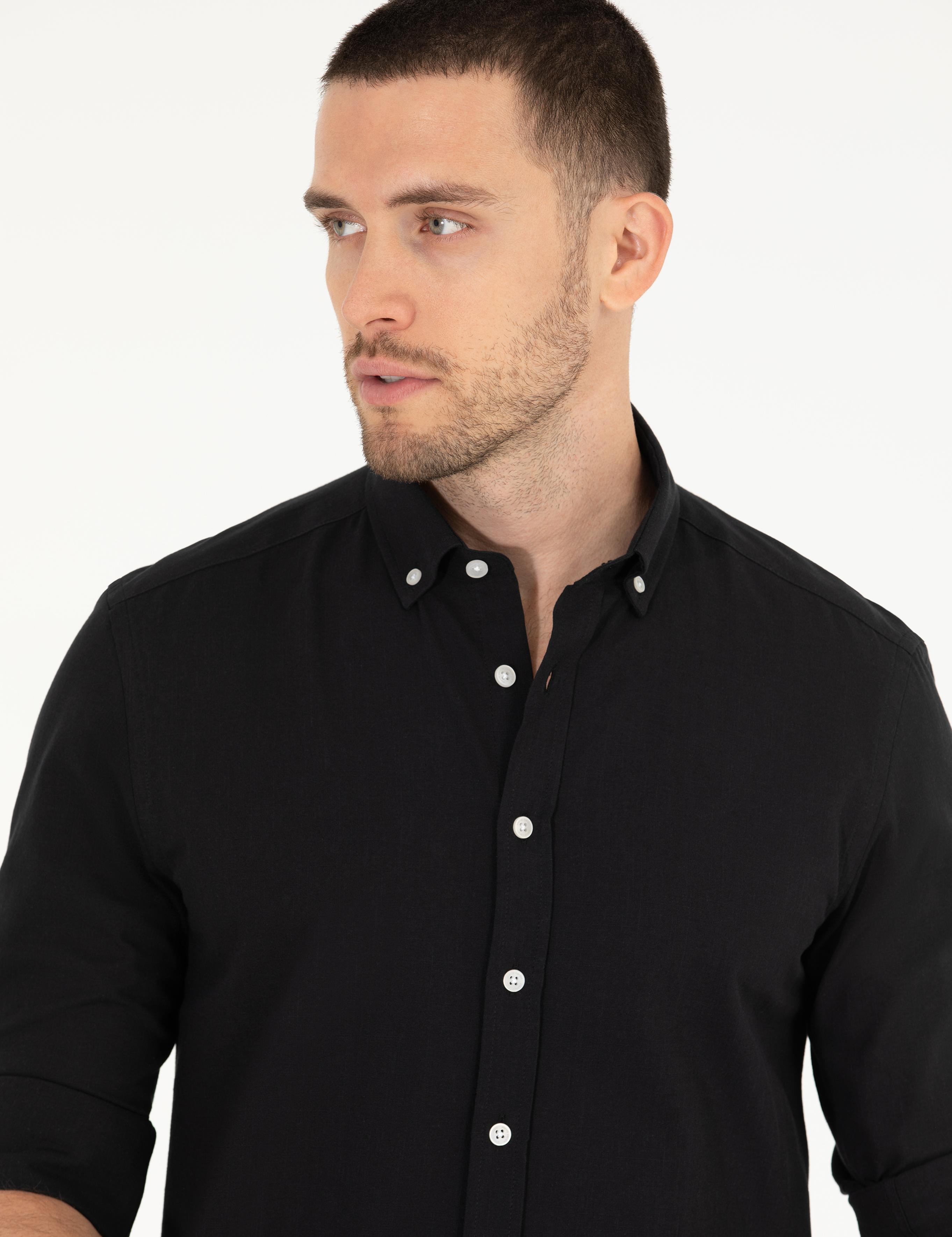 Siyah Slim Fit Keten Görünümlü Gömlek