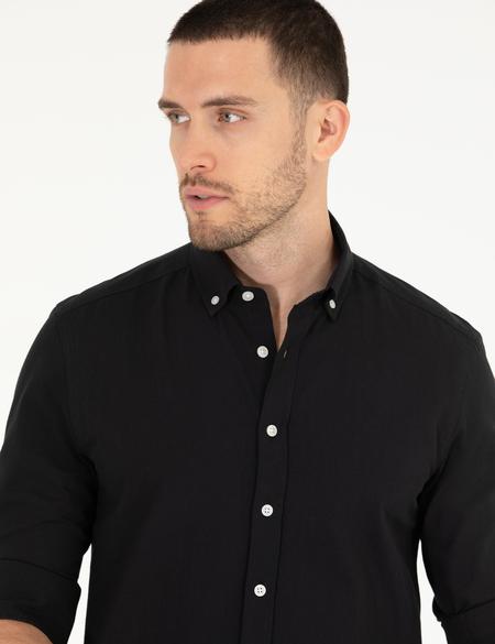 Siyah Slim Fit Keten Görünümlü Gömlek - 50272221033