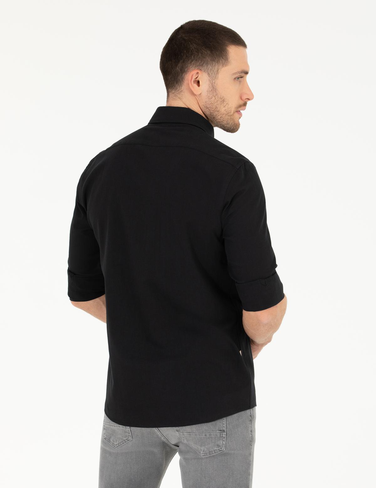 Siyah Slim Fit Keten Görünümlü Gömlek - 50272221033