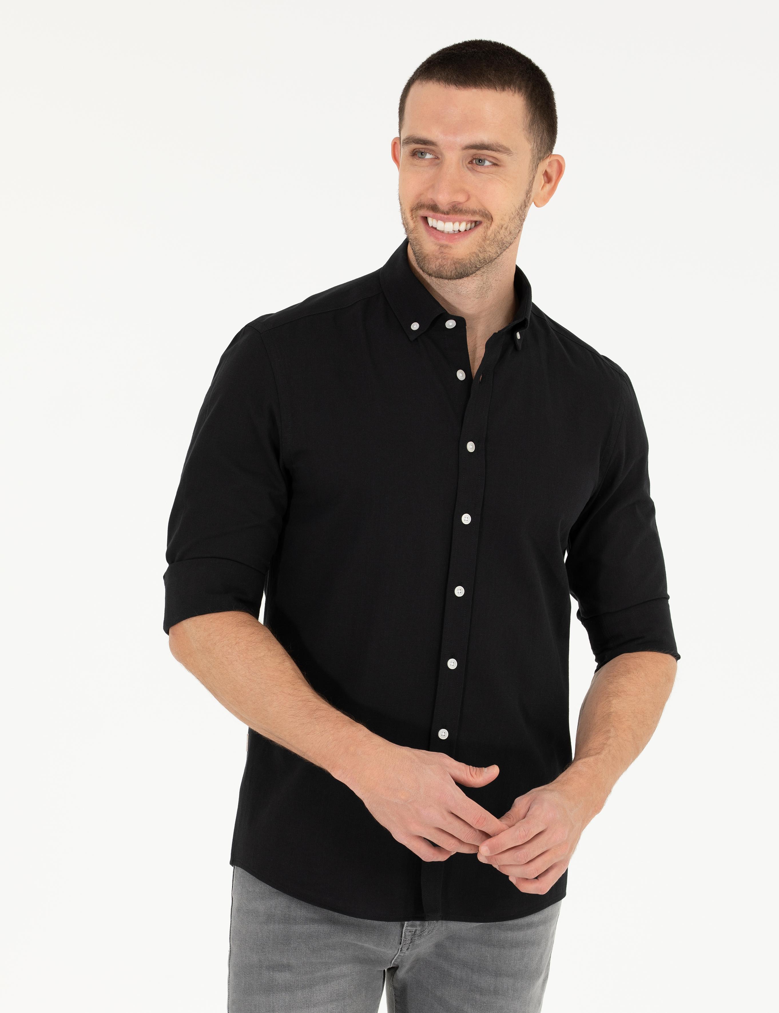 Siyah Slim Fit Keten Görünümlü Gömlek