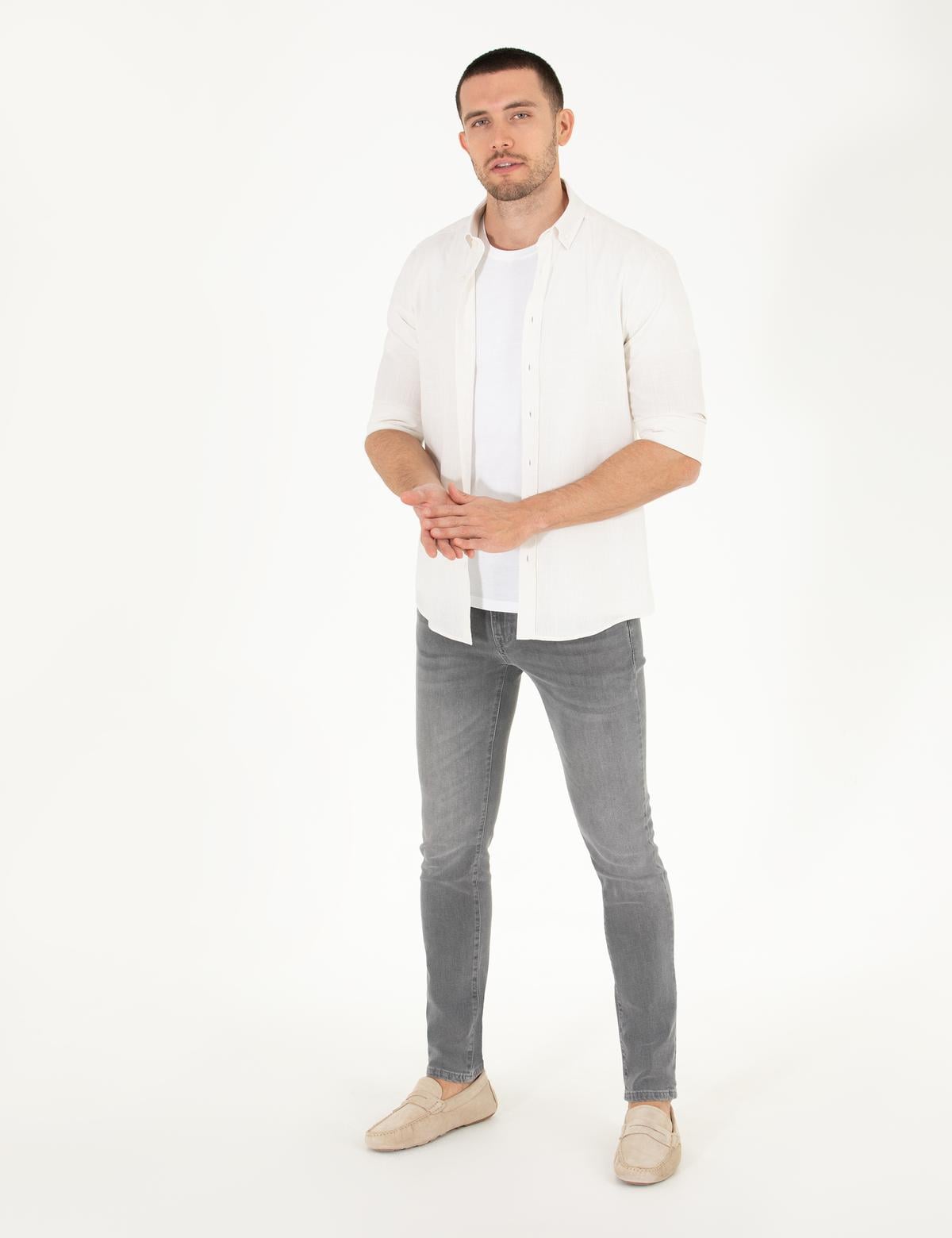 Açık Haki Slim Fit Keten Görünümlü Gömlek - 50272221042