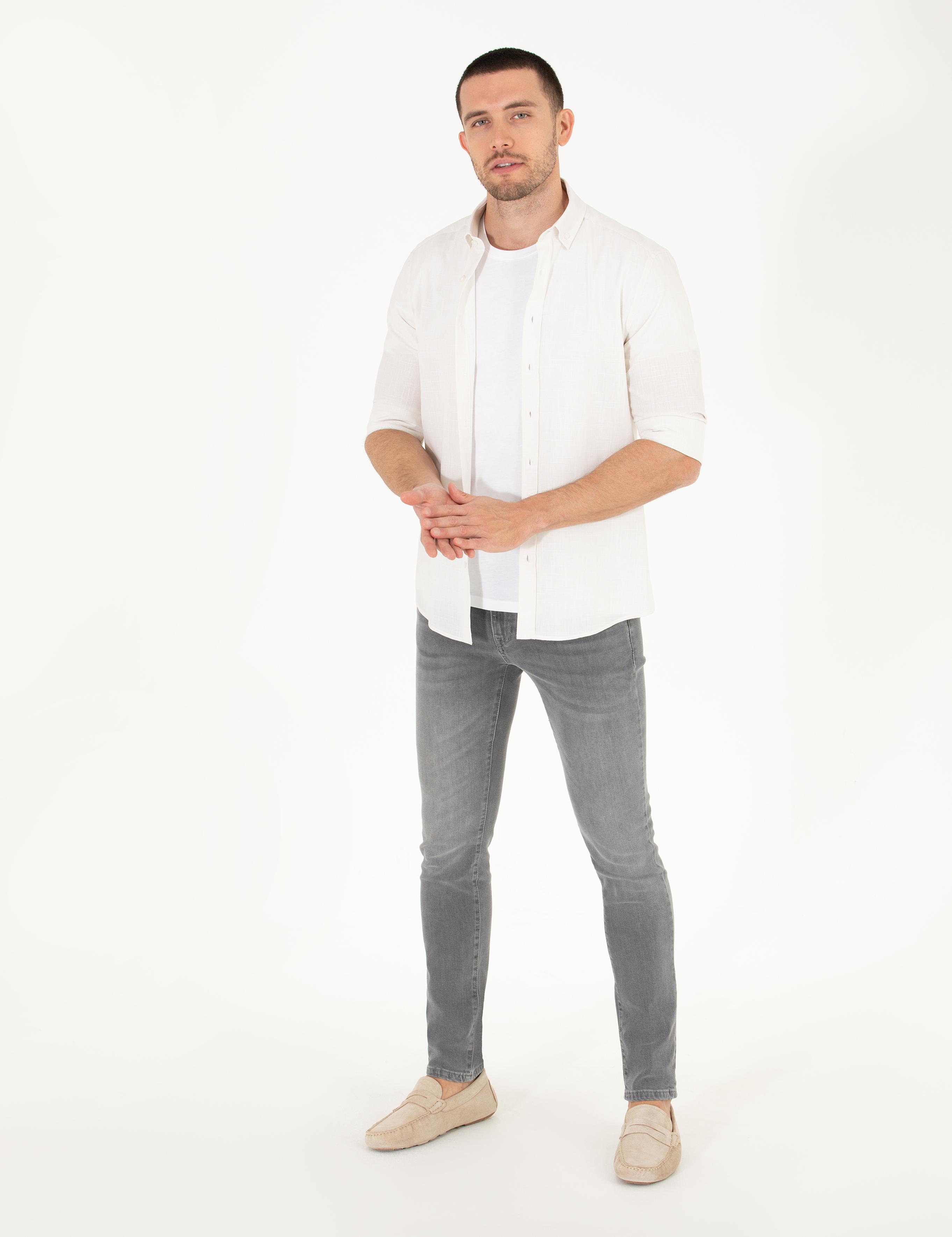 Açık Haki Slim Fit Keten Görünümlü Gömlek