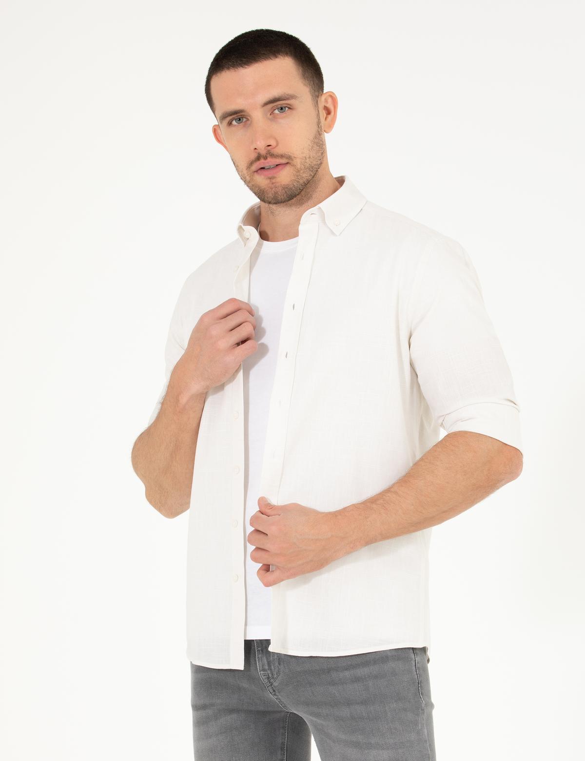 Açık Haki Slim Fit Keten Görünümlü Gömlek