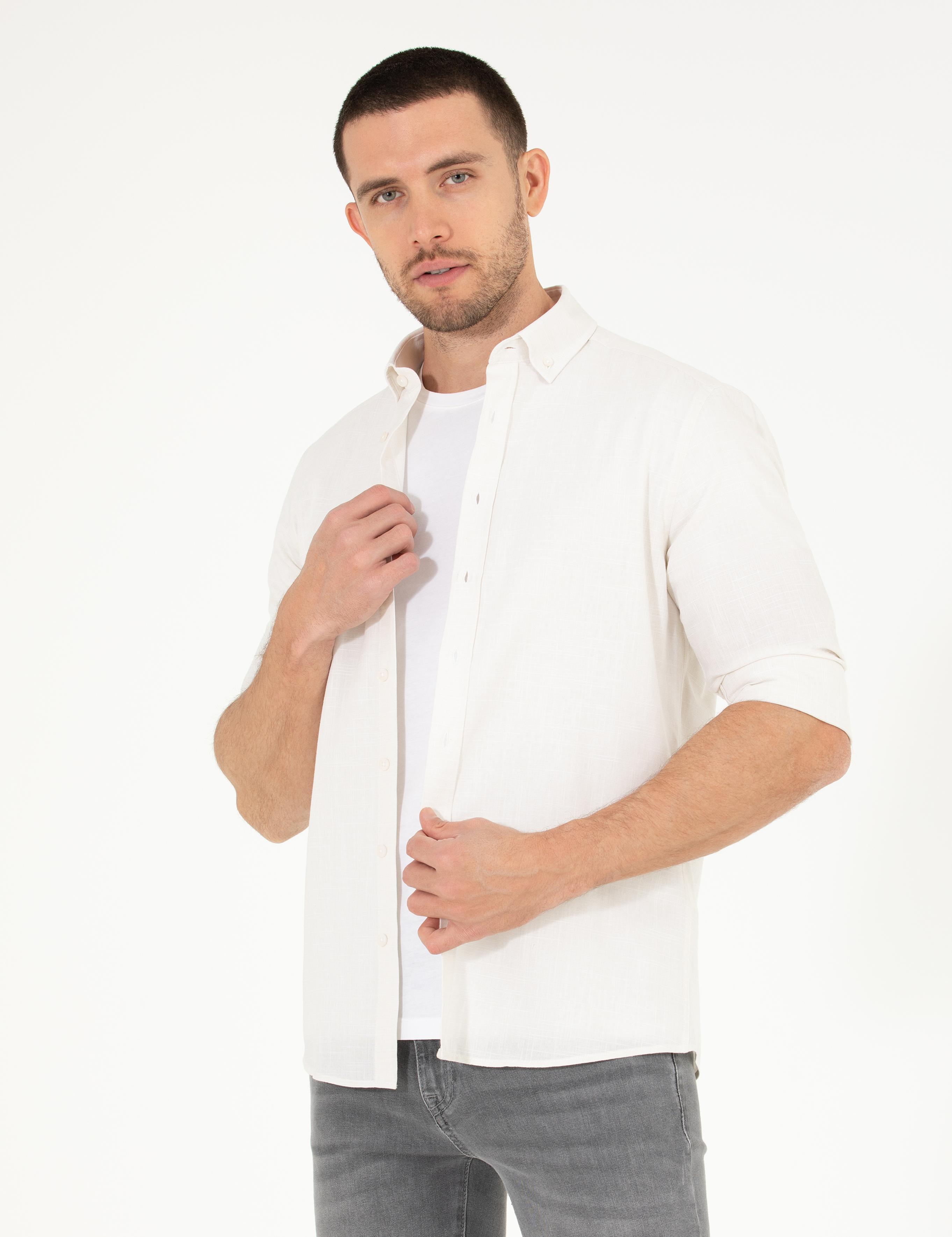 Açık Haki Slim Fit Keten Görünümlü Gömlek