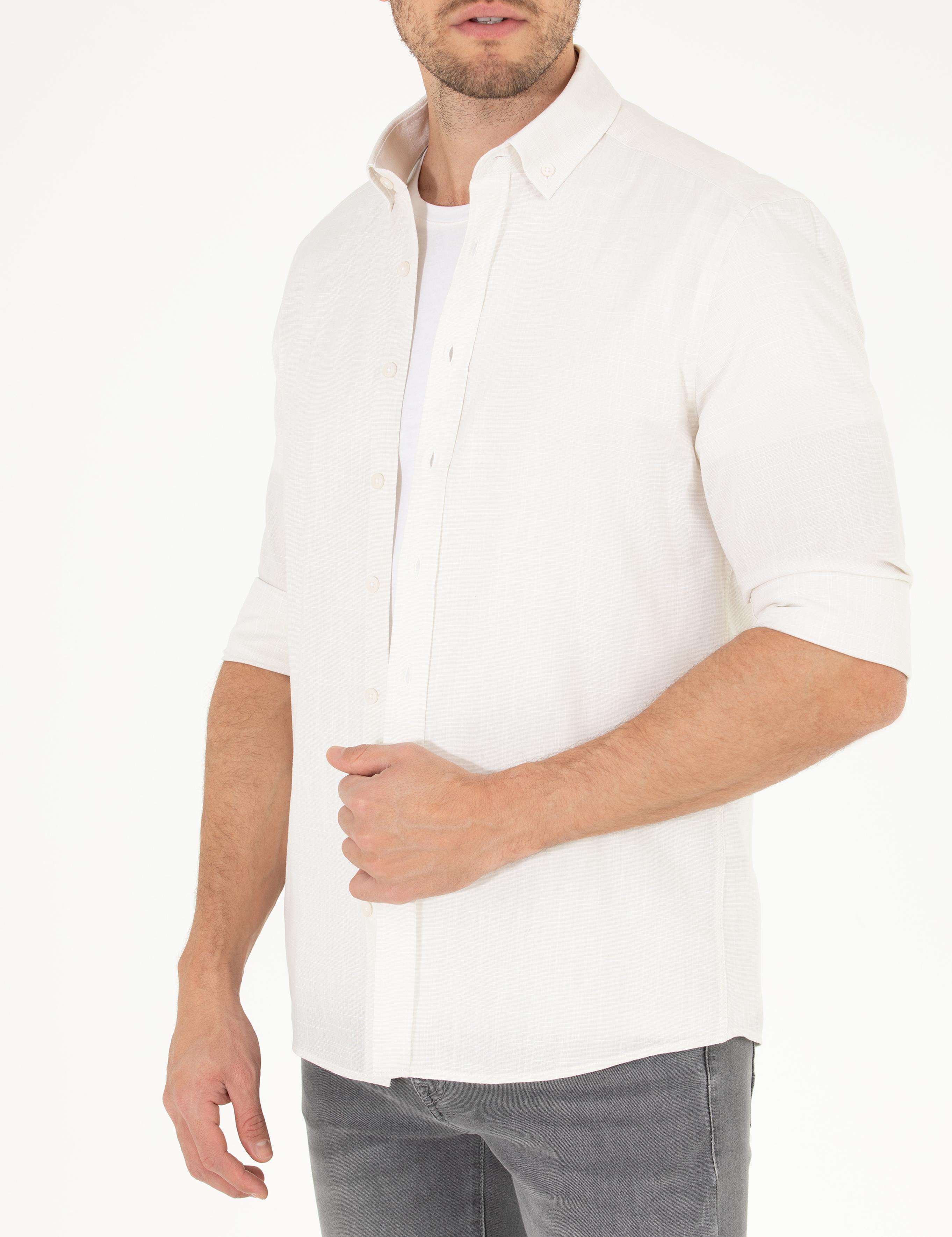 Açık Haki Slim Fit Keten Görünümlü Gömlek