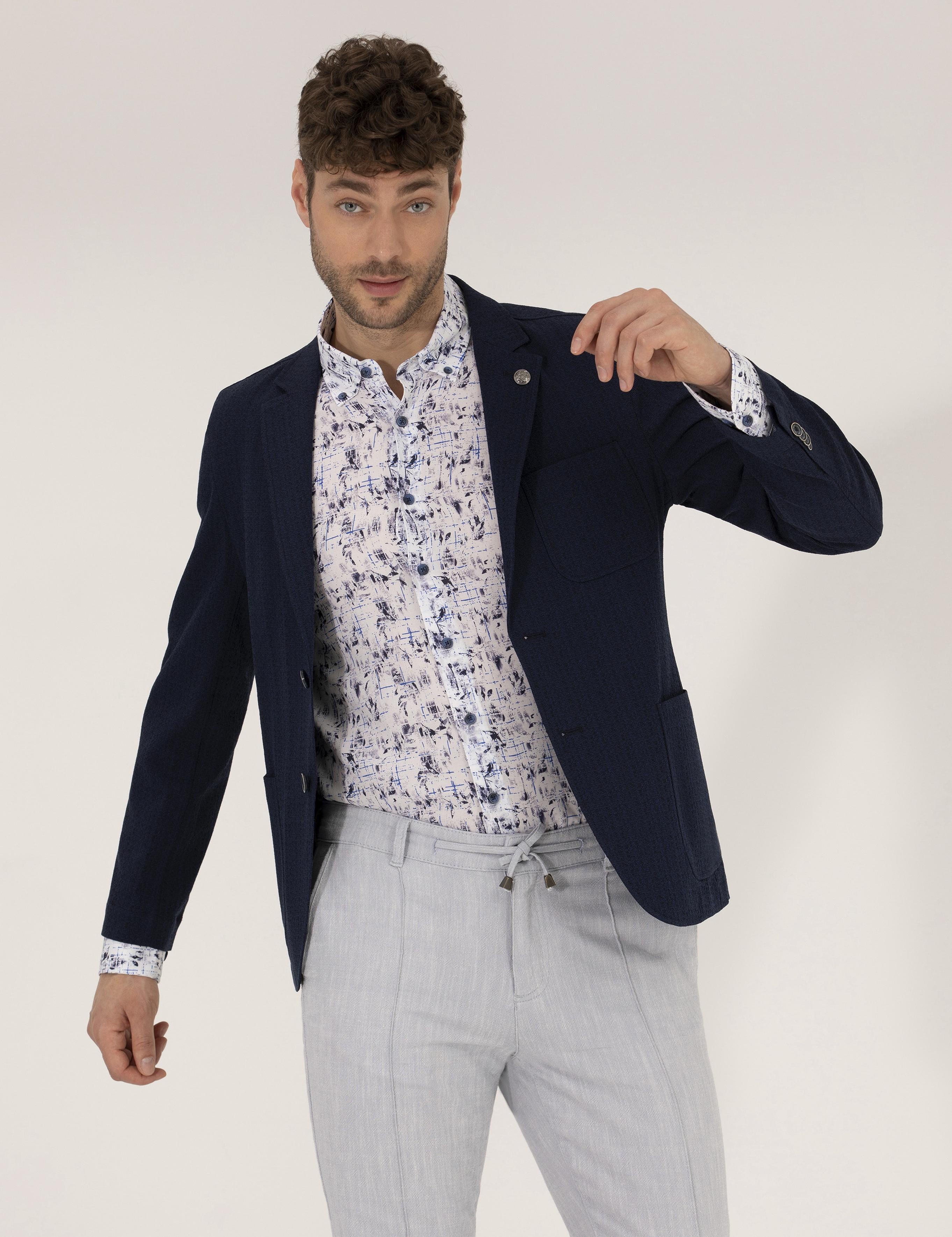 Lacivert Yün Karışımlı Spor Ceket