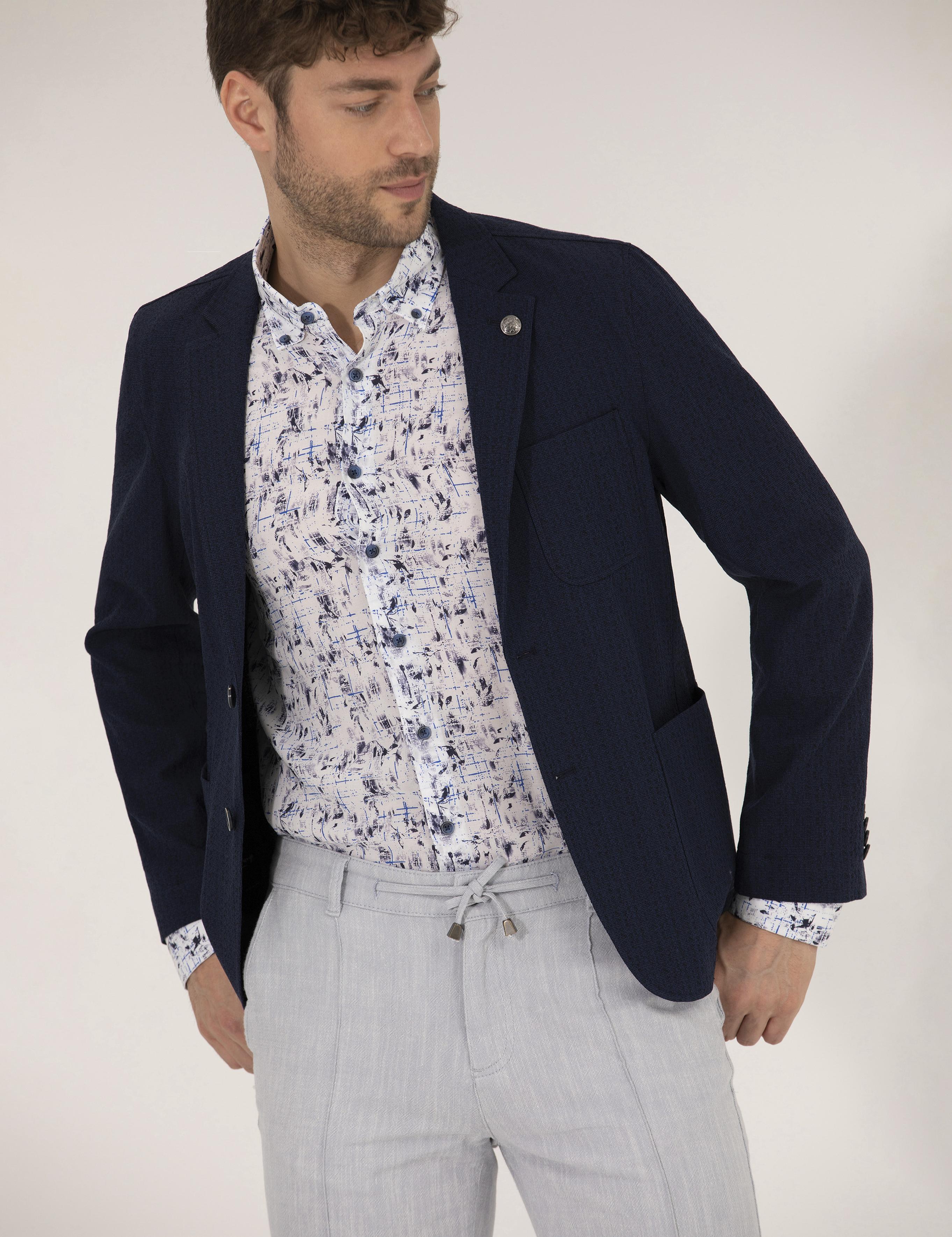 Lacivert Yün Karışımlı Spor Ceket