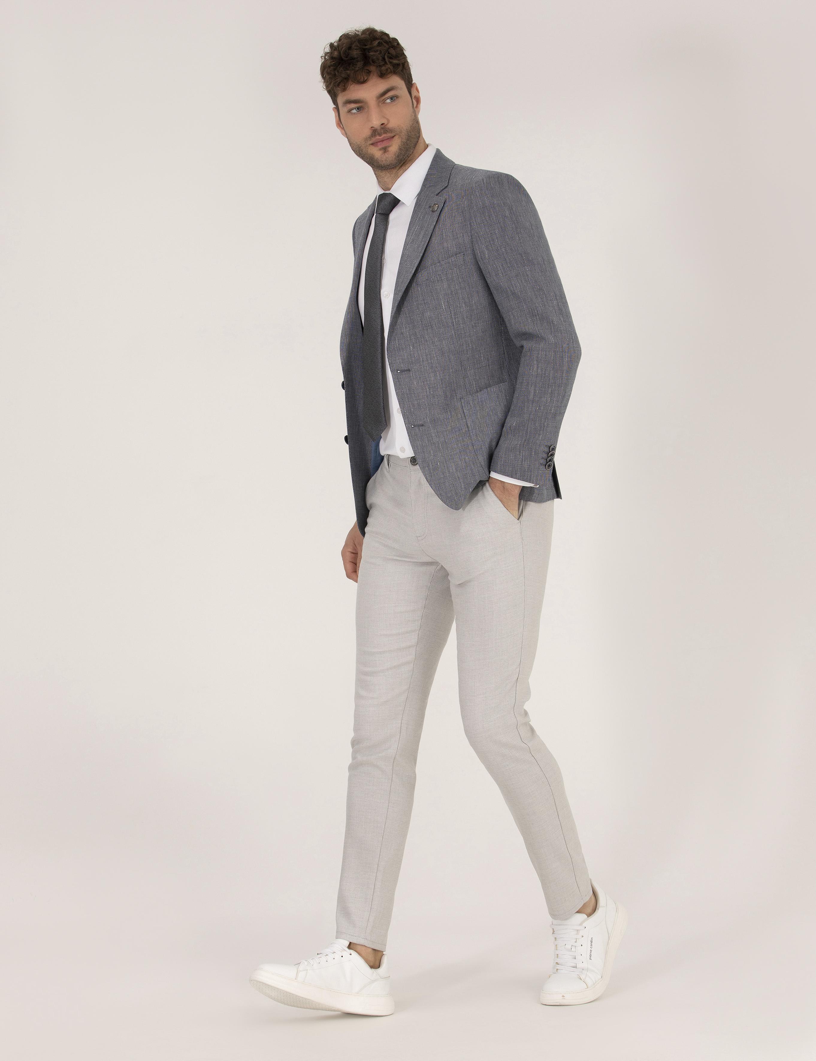 Lacivert Dokumalı Spor Keten Karışımlı Ceket