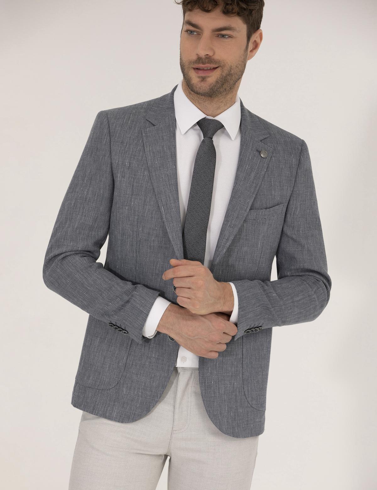 Lacivert Dokumalı Spor Keten Karışımlı Ceket - 50264614017