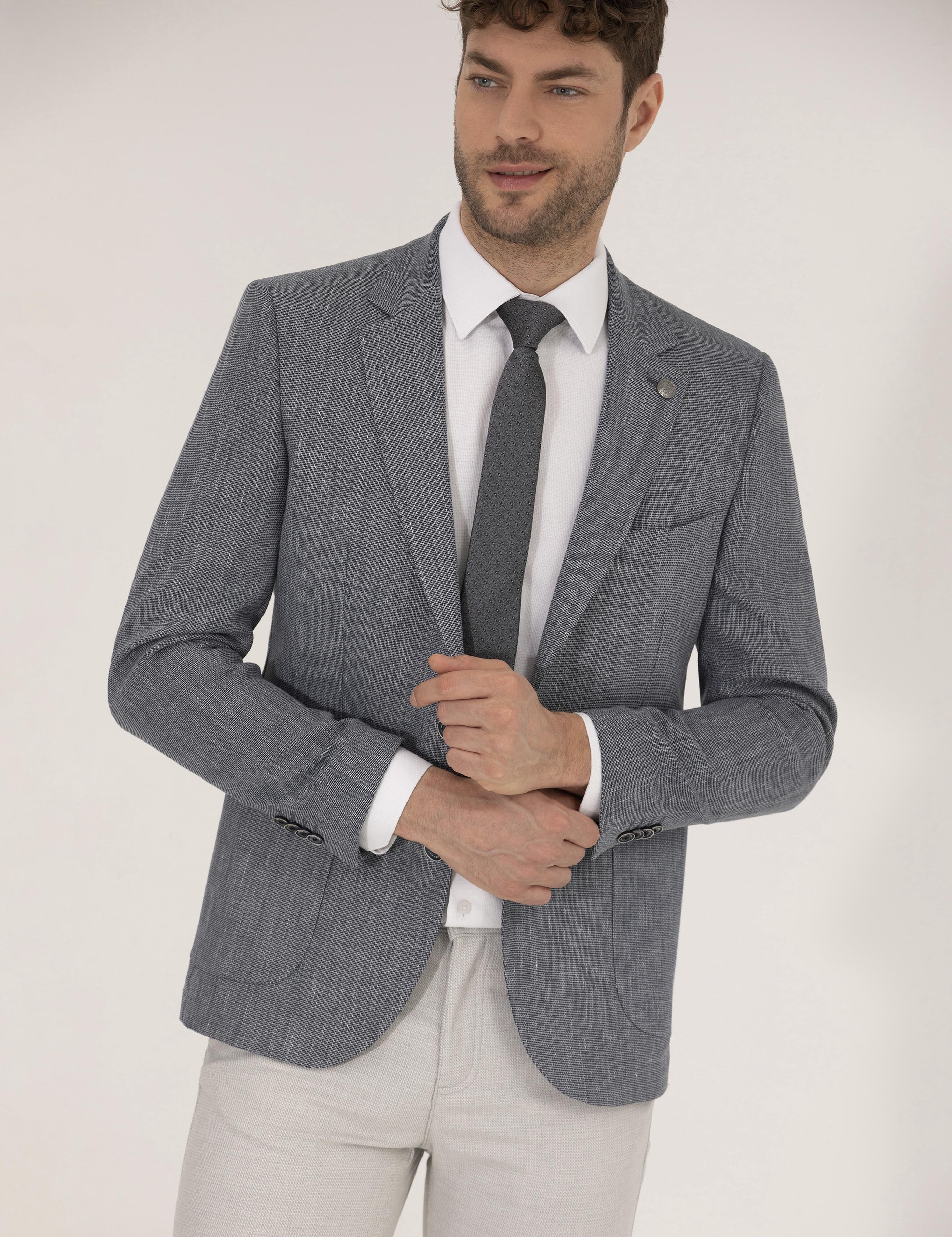 Lacivert Dokumalı Spor Keten Karışımlı Ceket