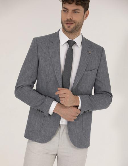 Lacivert Dokumalı Spor Keten Karışımlı Ceket - 50264614017