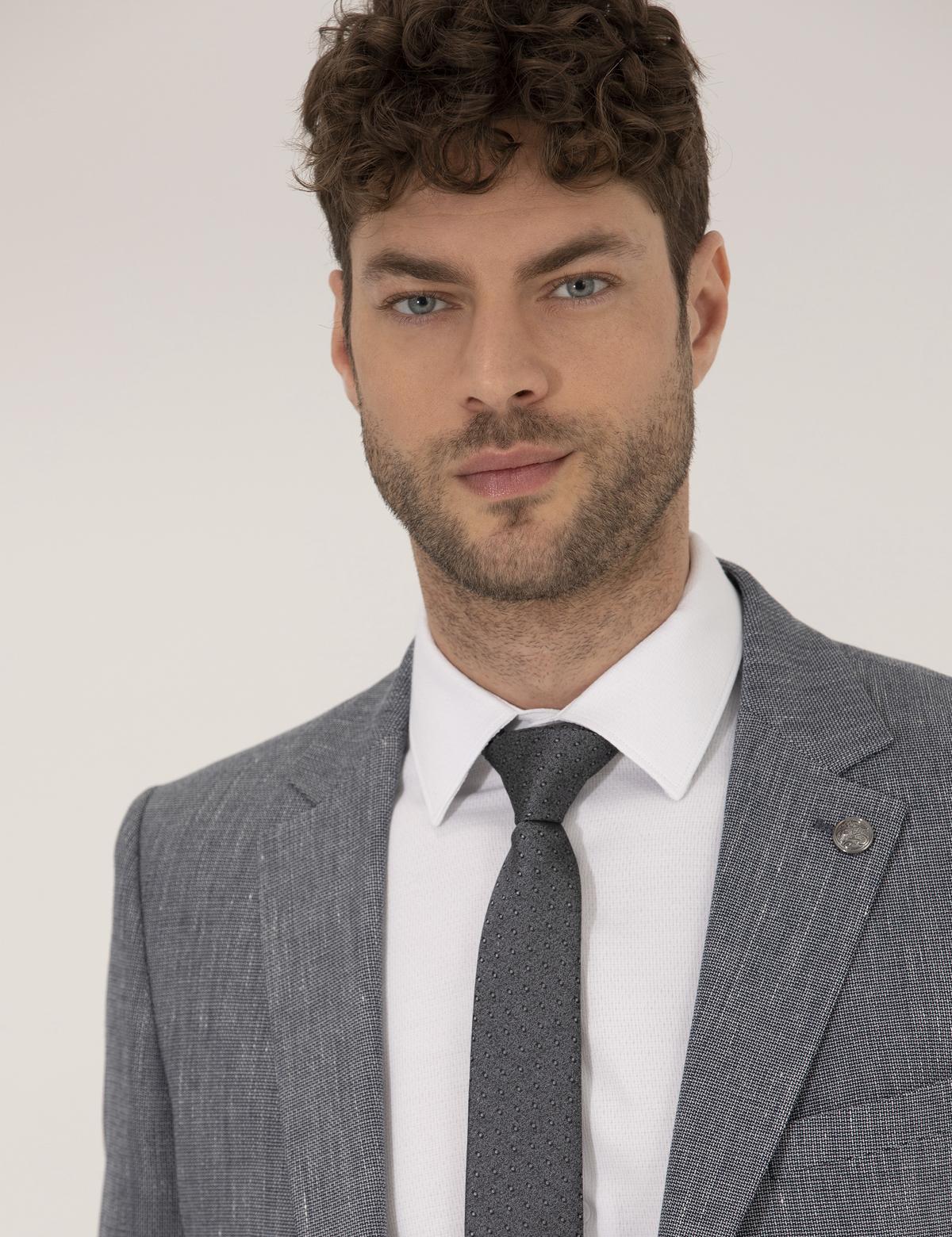 Lacivert Dokumalı Spor Keten Karışımlı Ceket - 50264614017