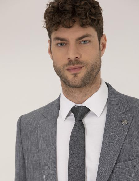 Lacivert Dokumalı Spor Keten Karışımlı Ceket - 50264614017