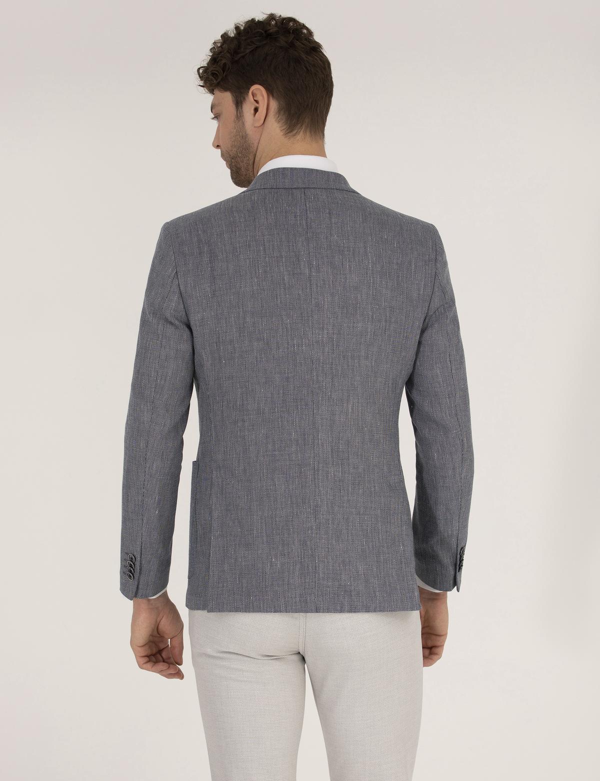 Lacivert Dokumalı Spor Keten Karışımlı Ceket - 50264614017