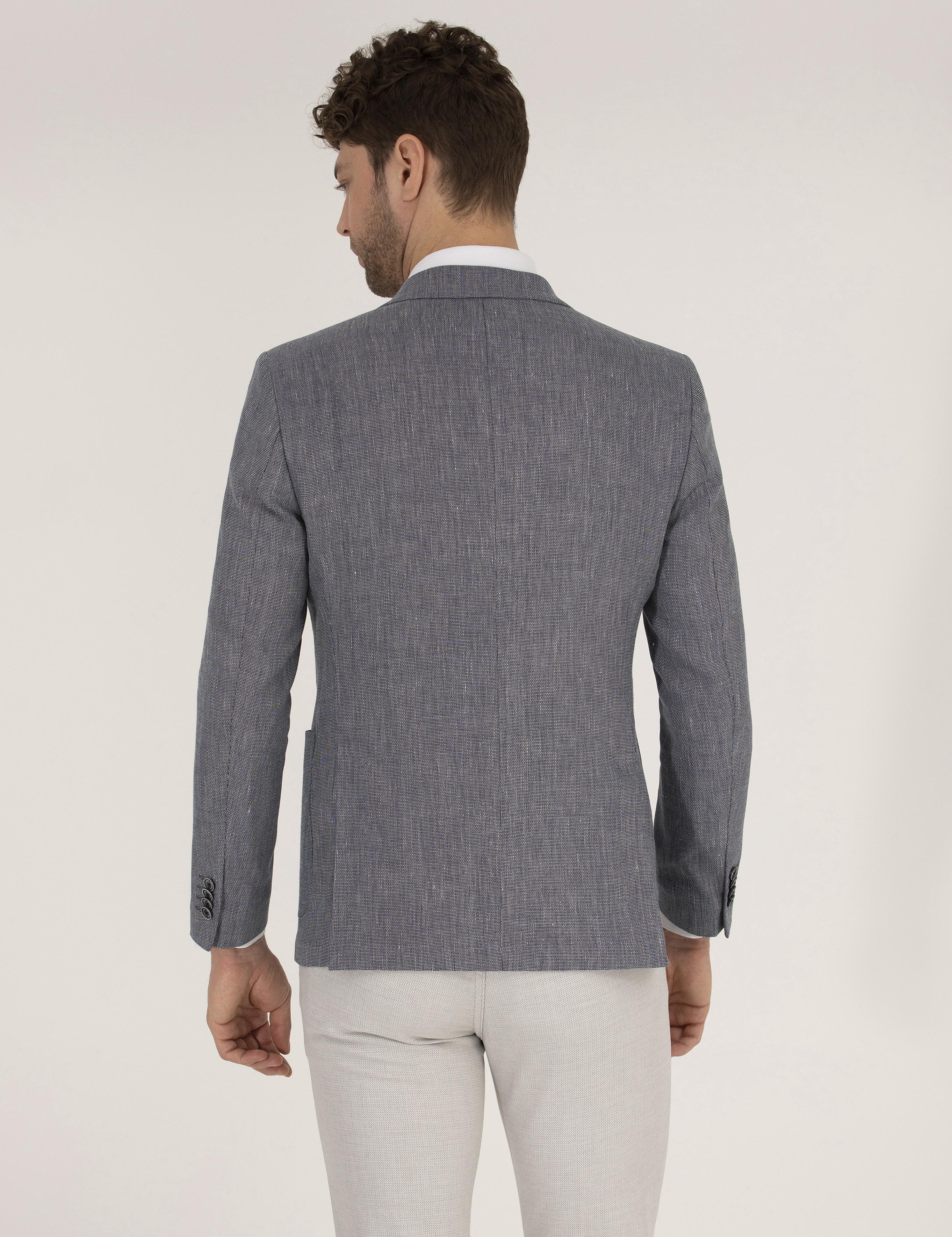 Lacivert Dokumalı Spor Keten Karışımlı Ceket