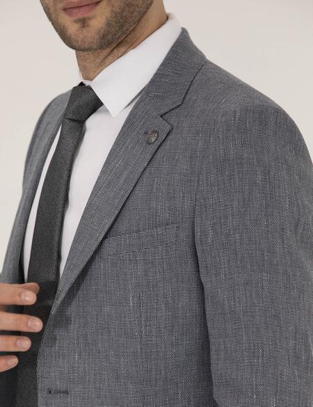 Lacivert Dokumalı Spor Keten Karışımlı Ceket - 50264614017