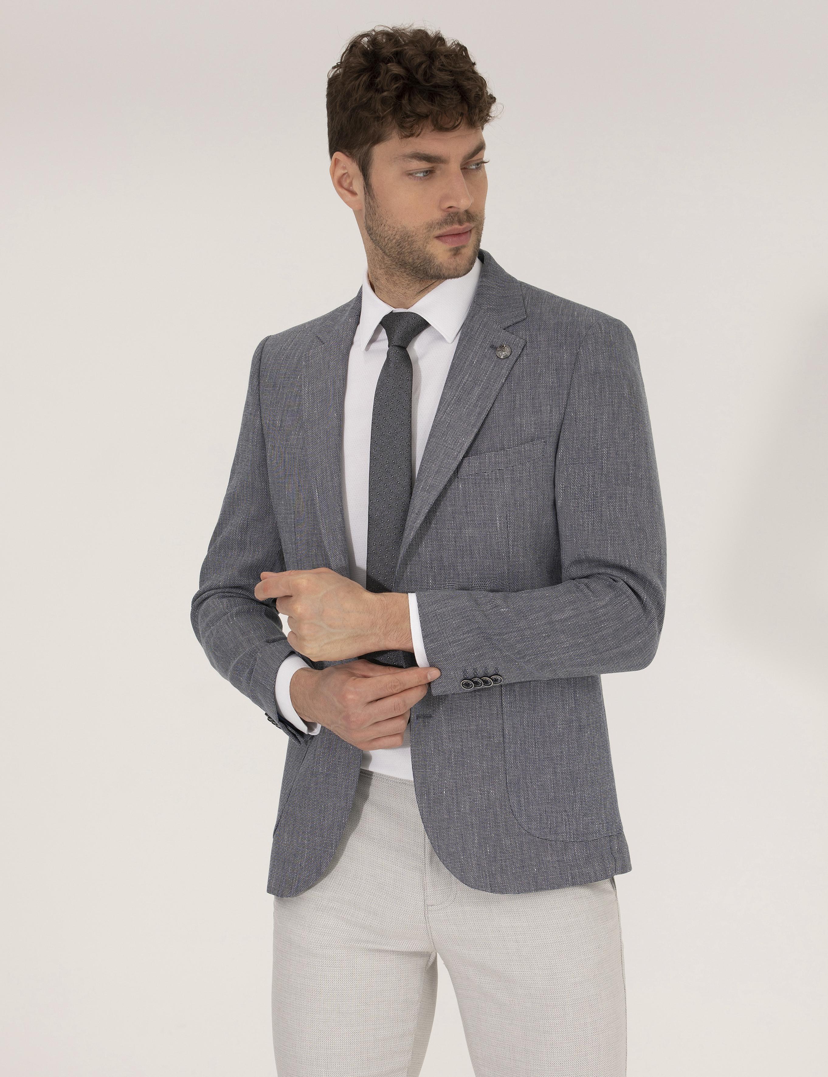 Lacivert Dokumalı Spor Keten Karışımlı Ceket