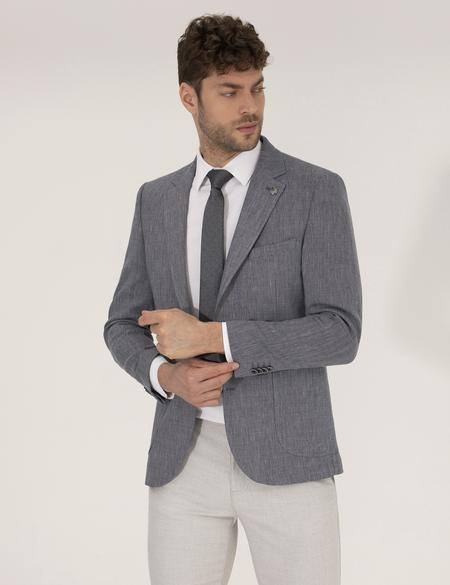 Lacivert Dokumalı Spor Keten Karışımlı Ceket - 50264614017