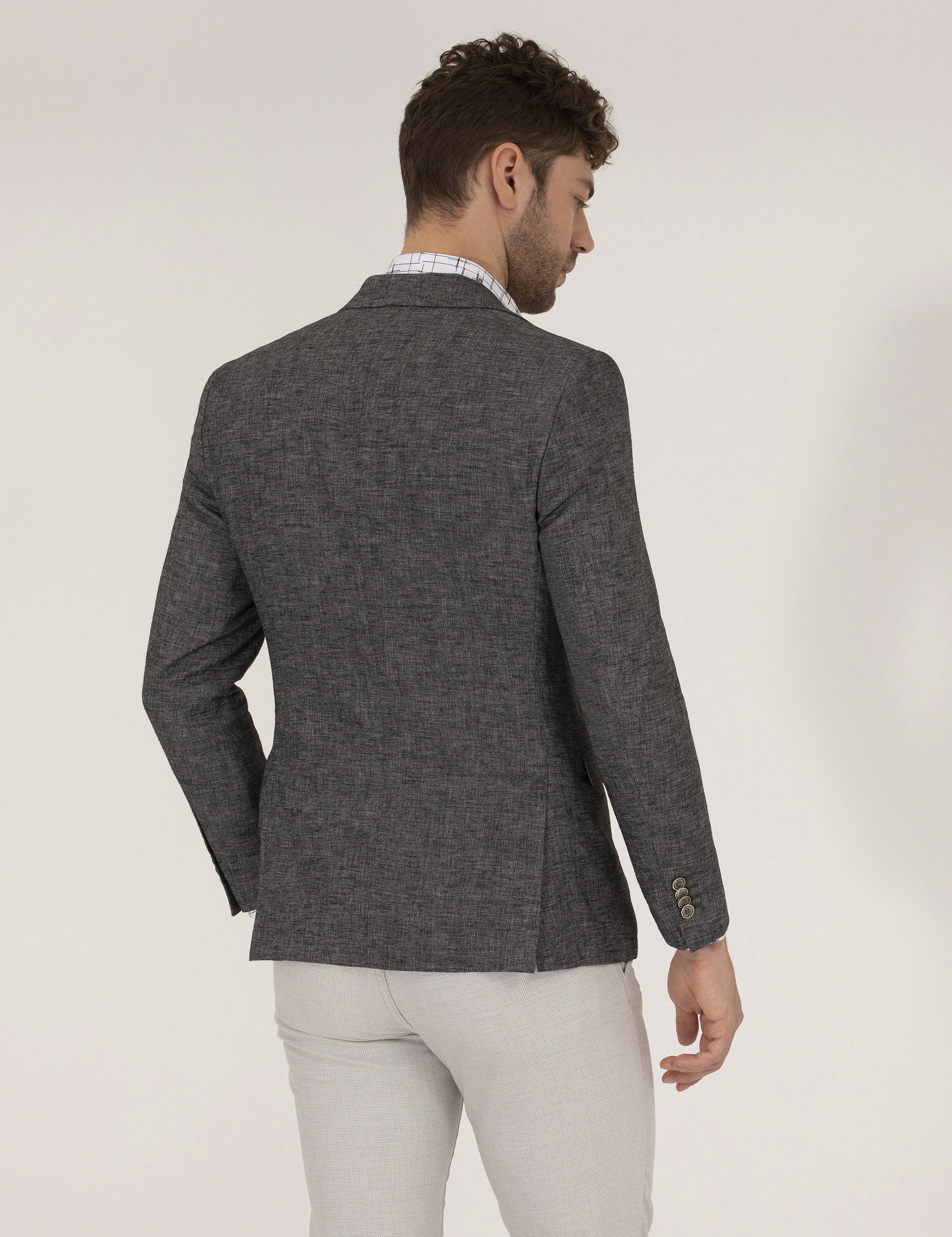 Antrasit Ekstra Slim Fit Keten Karışımlı Blazer Ceket