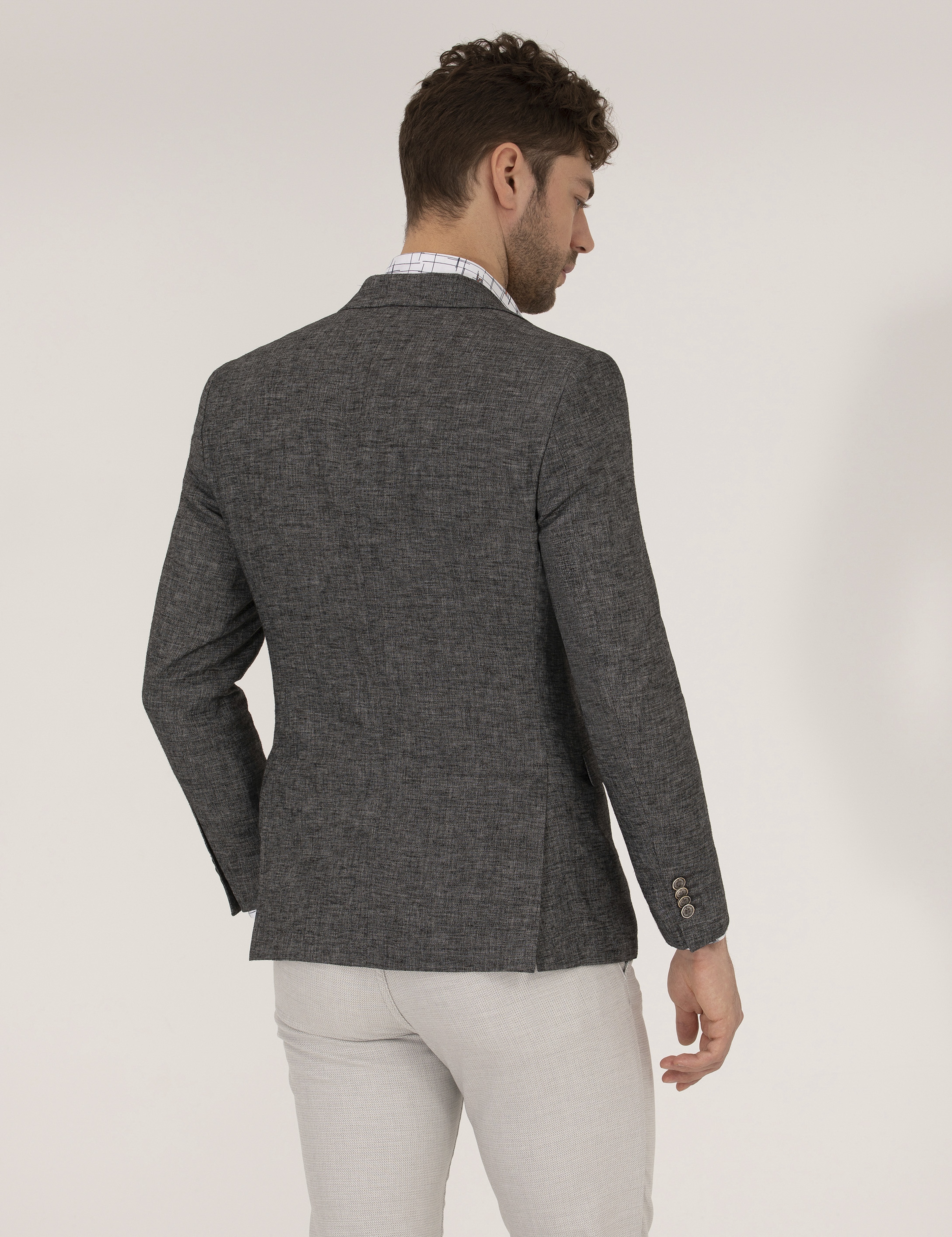 Antrasit Ekstra Slim Fit Keten Karışımlı Blazer Ceket - Image 5