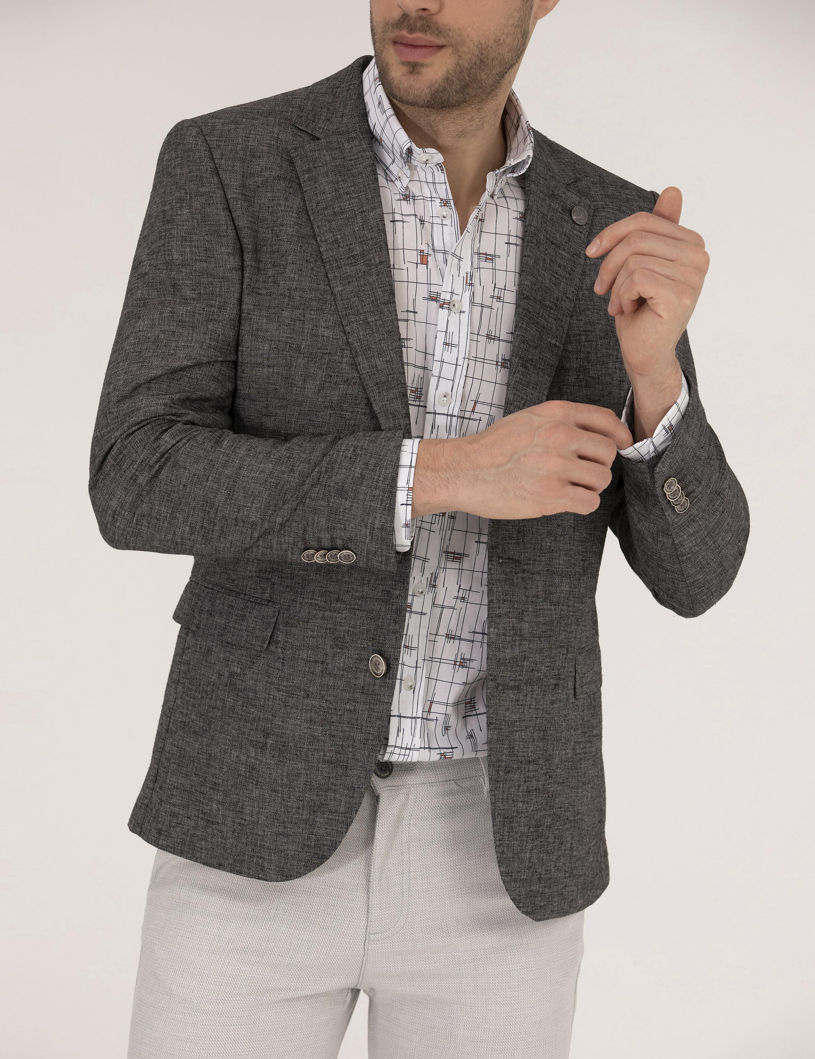 Antrasit Ekstra Slim Fit Keten Karışımlı Blazer Ceket