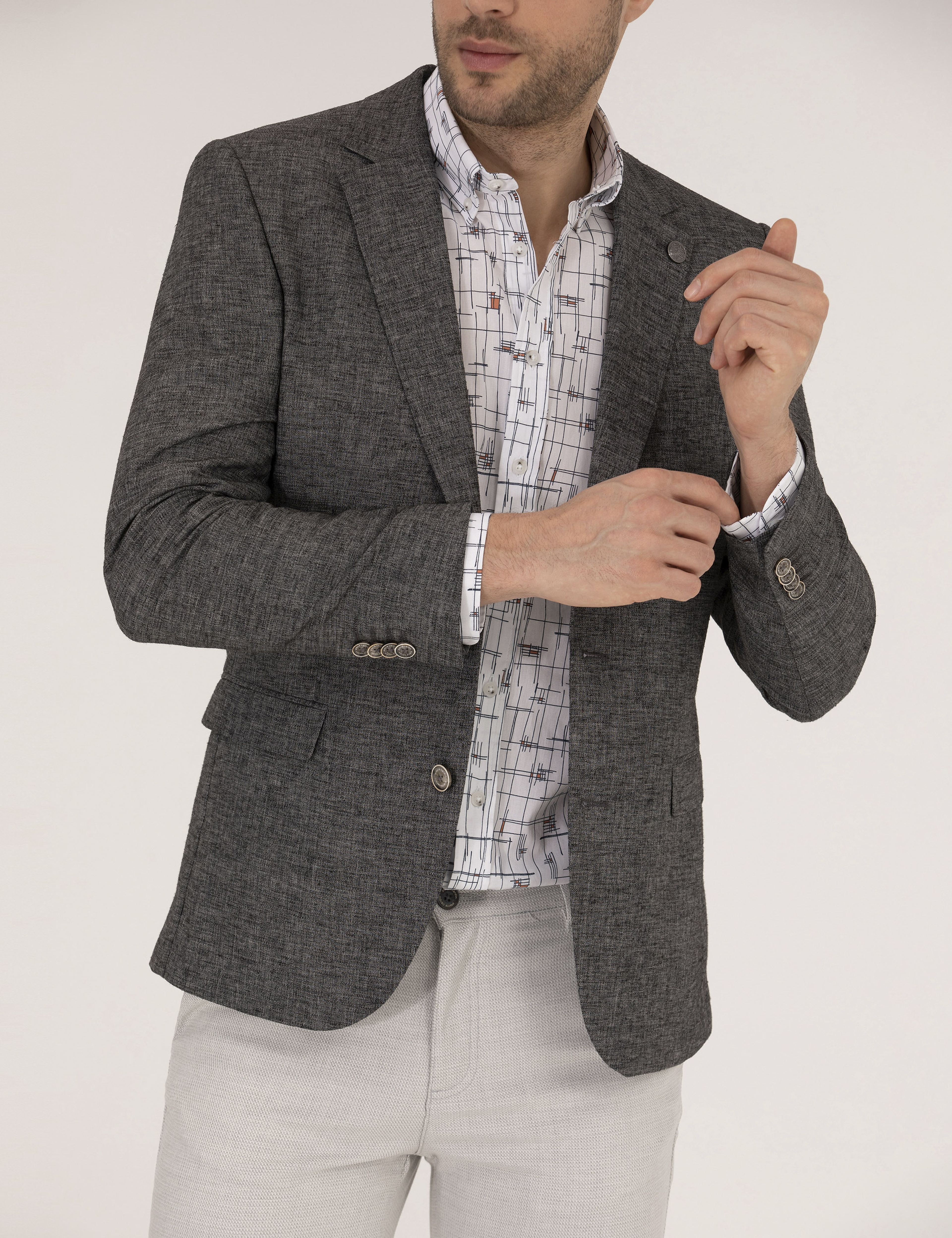 Antrasit Ekstra Slim Fit Keten Karışımlı Blazer Ceket - Image 6