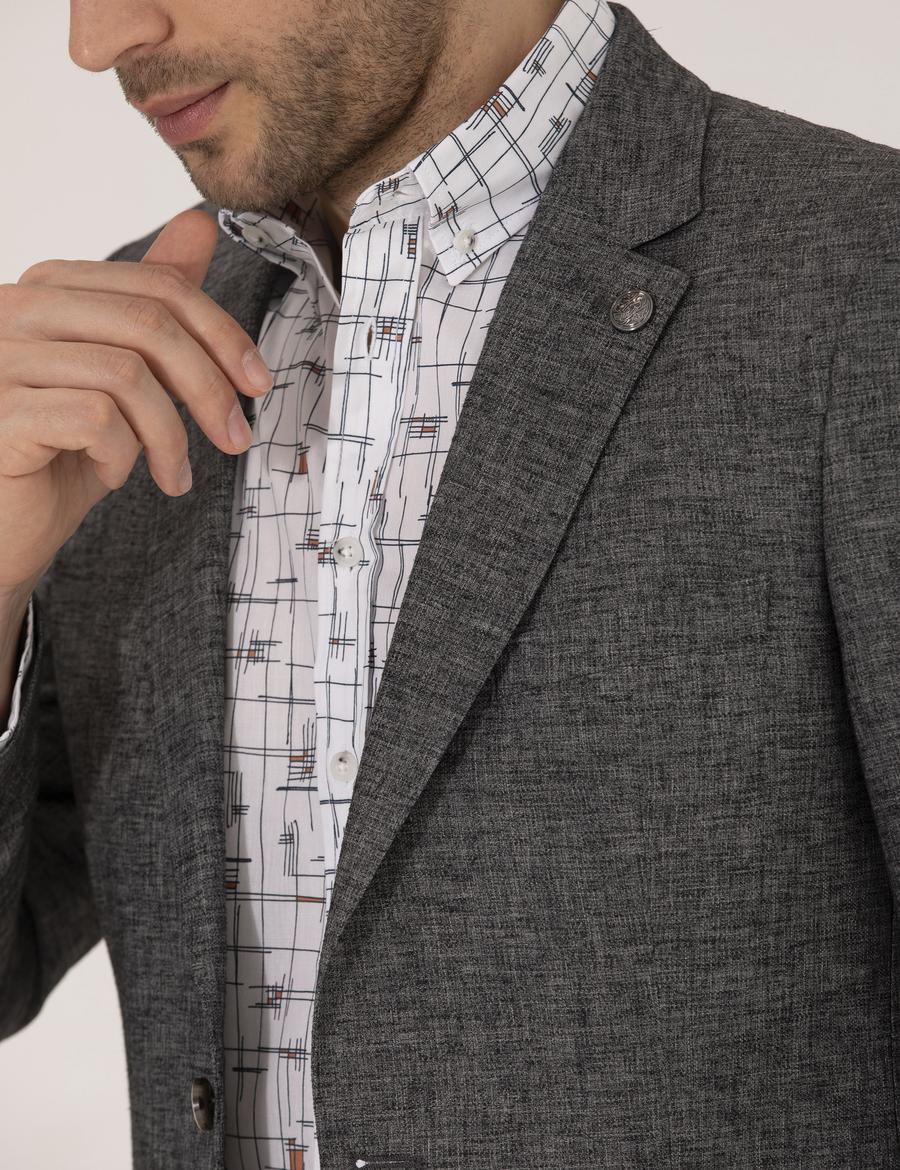 Antrasit Ekstra Slim Fit Keten Karışımlı Blazer Ceket