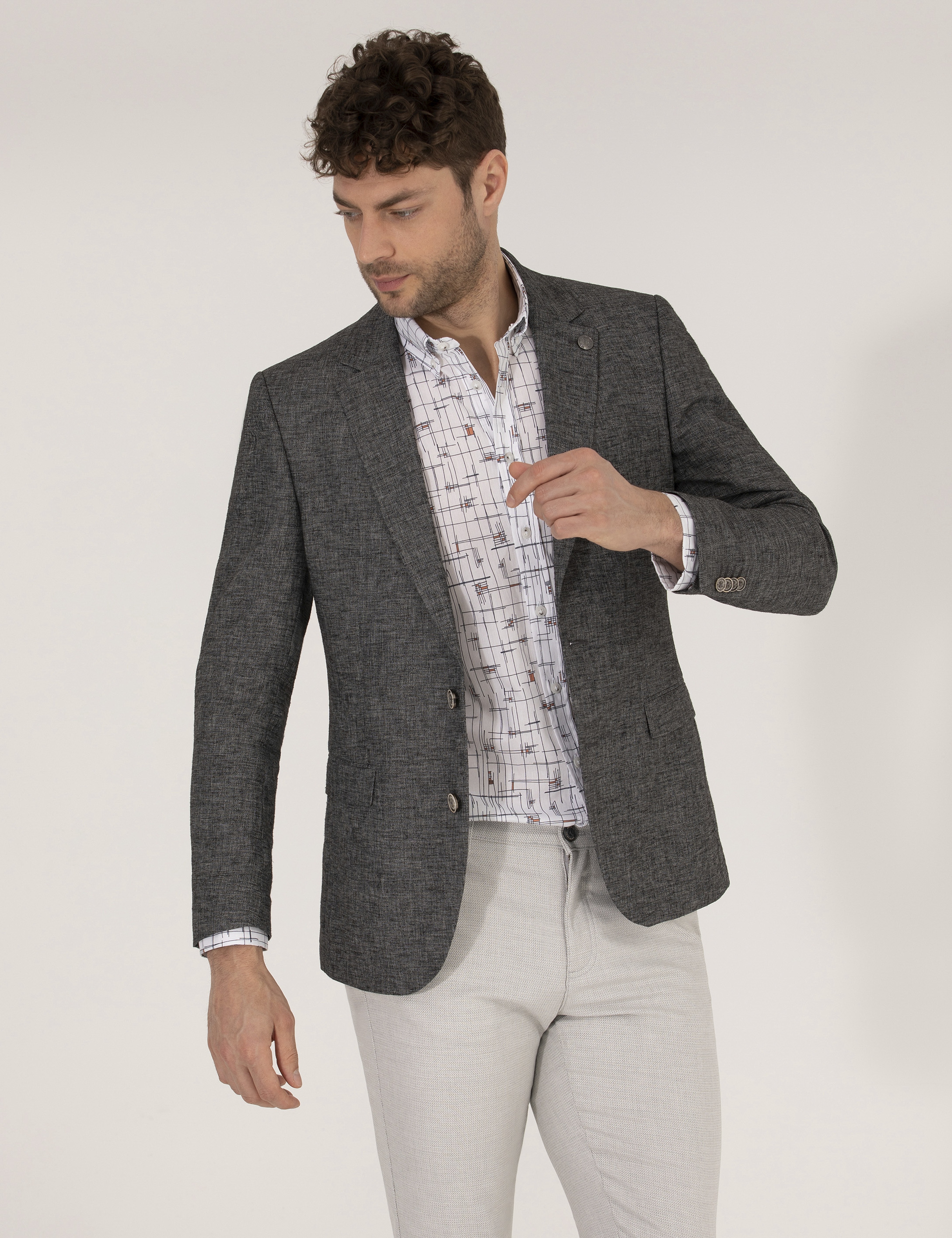 Antrasit Ekstra Slim Fit Keten Karışımlı Blazer Ceket - Image 1