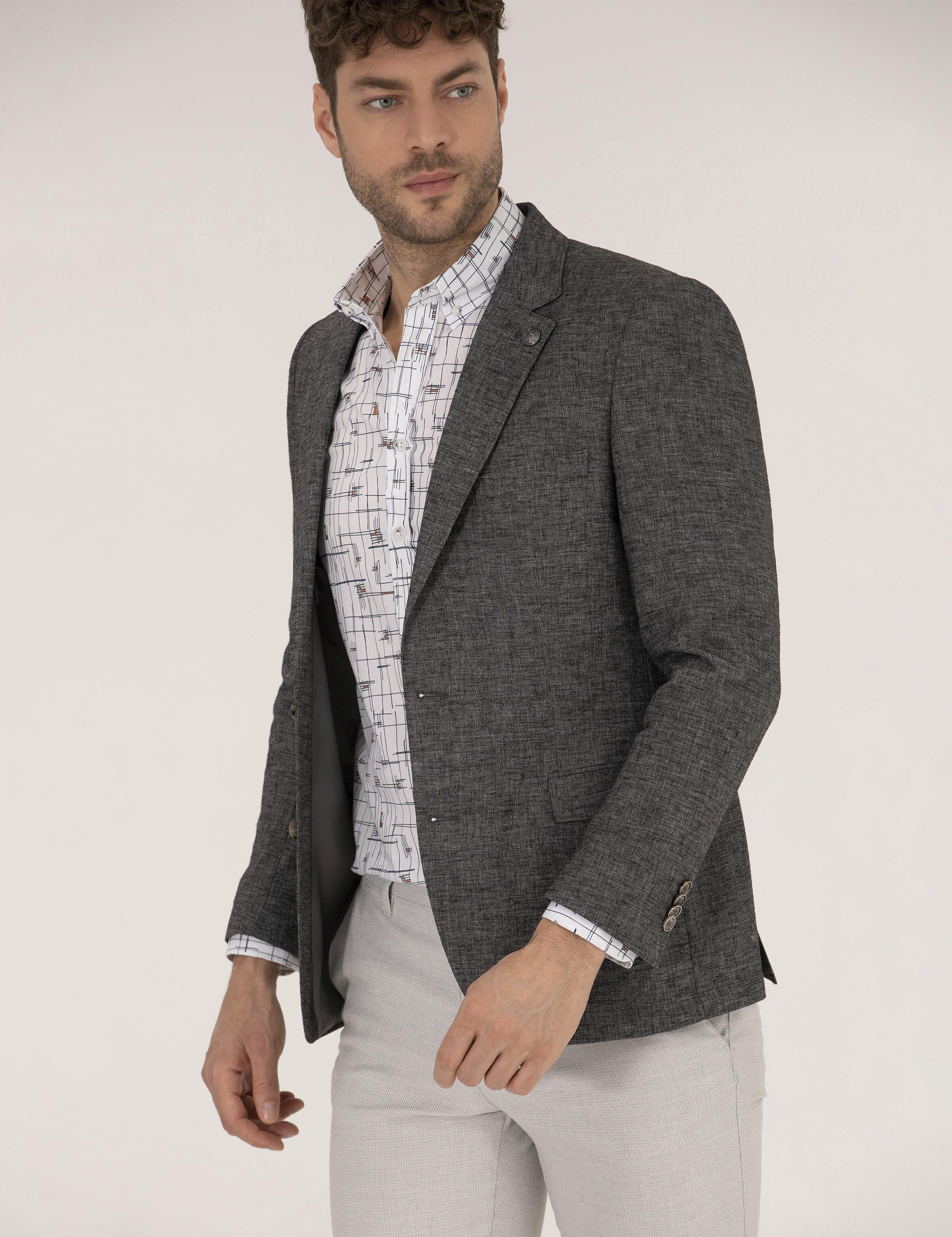 Antrasit Ekstra Slim Fit Keten Karışımlı Blazer Ceket