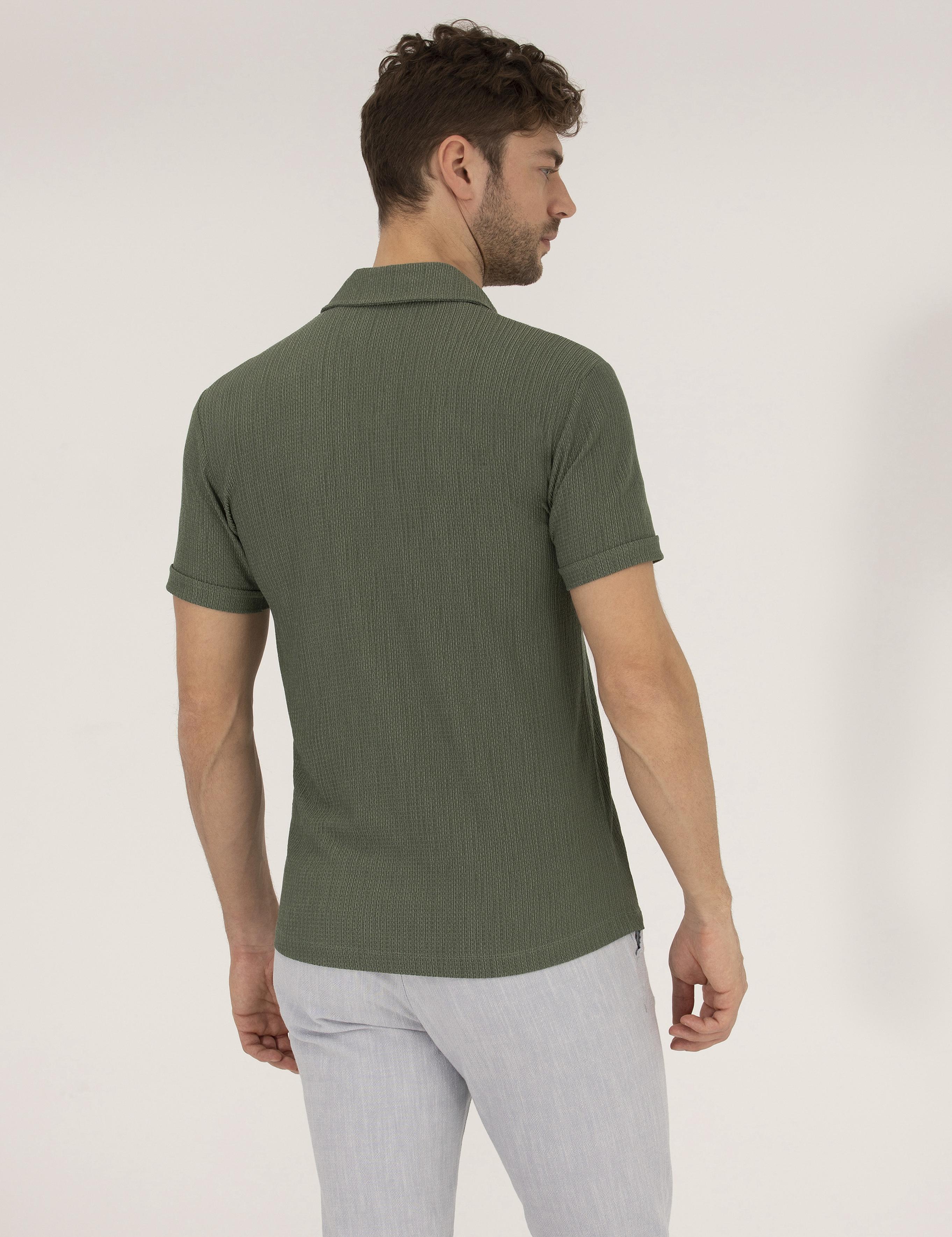 Haki Slim Fit Dokulu Polo Yaka Tişört