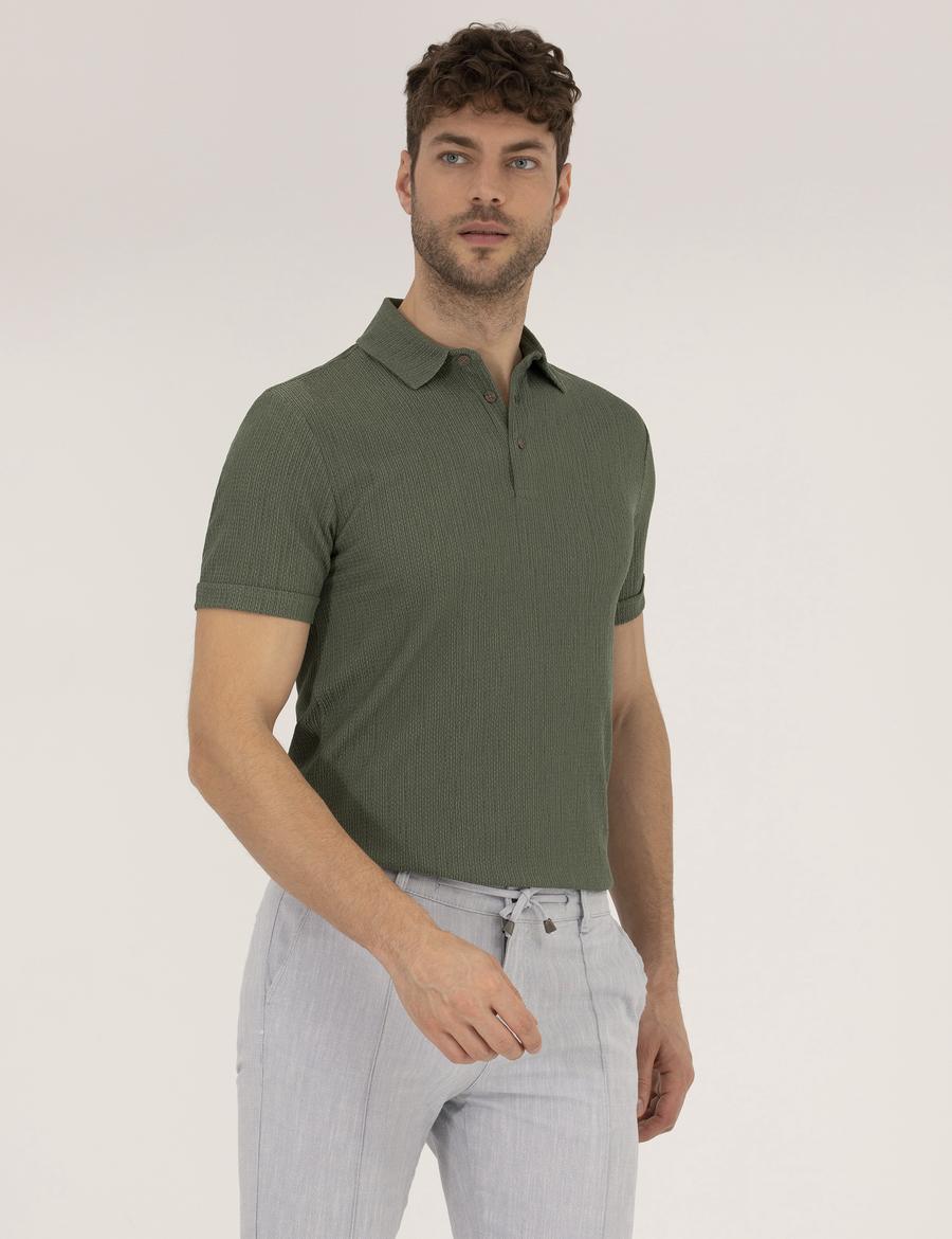 Haki Slim Fit Dokulu Polo Yaka Tişört