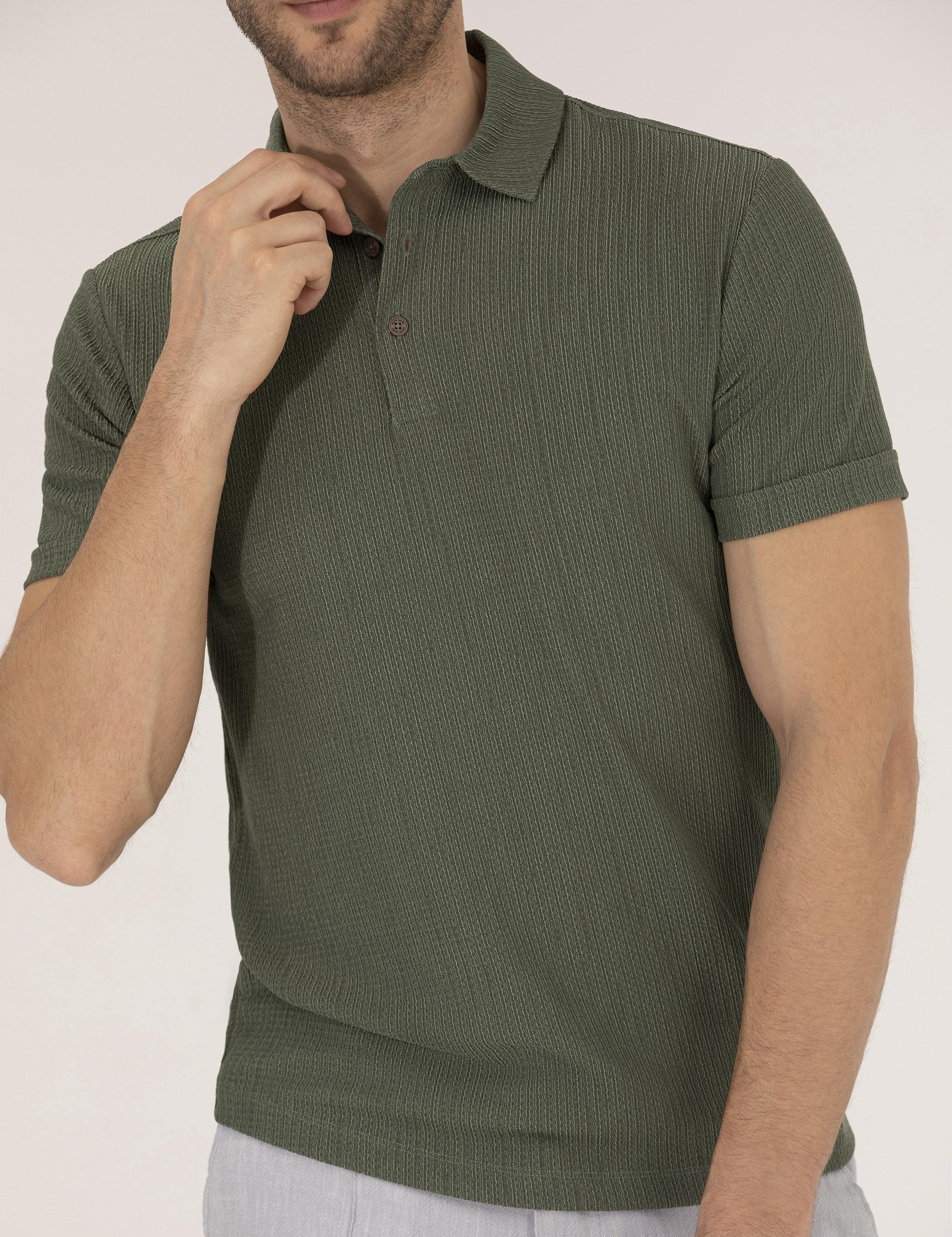 Haki Slim Fit Dokulu Polo Yaka Tişört