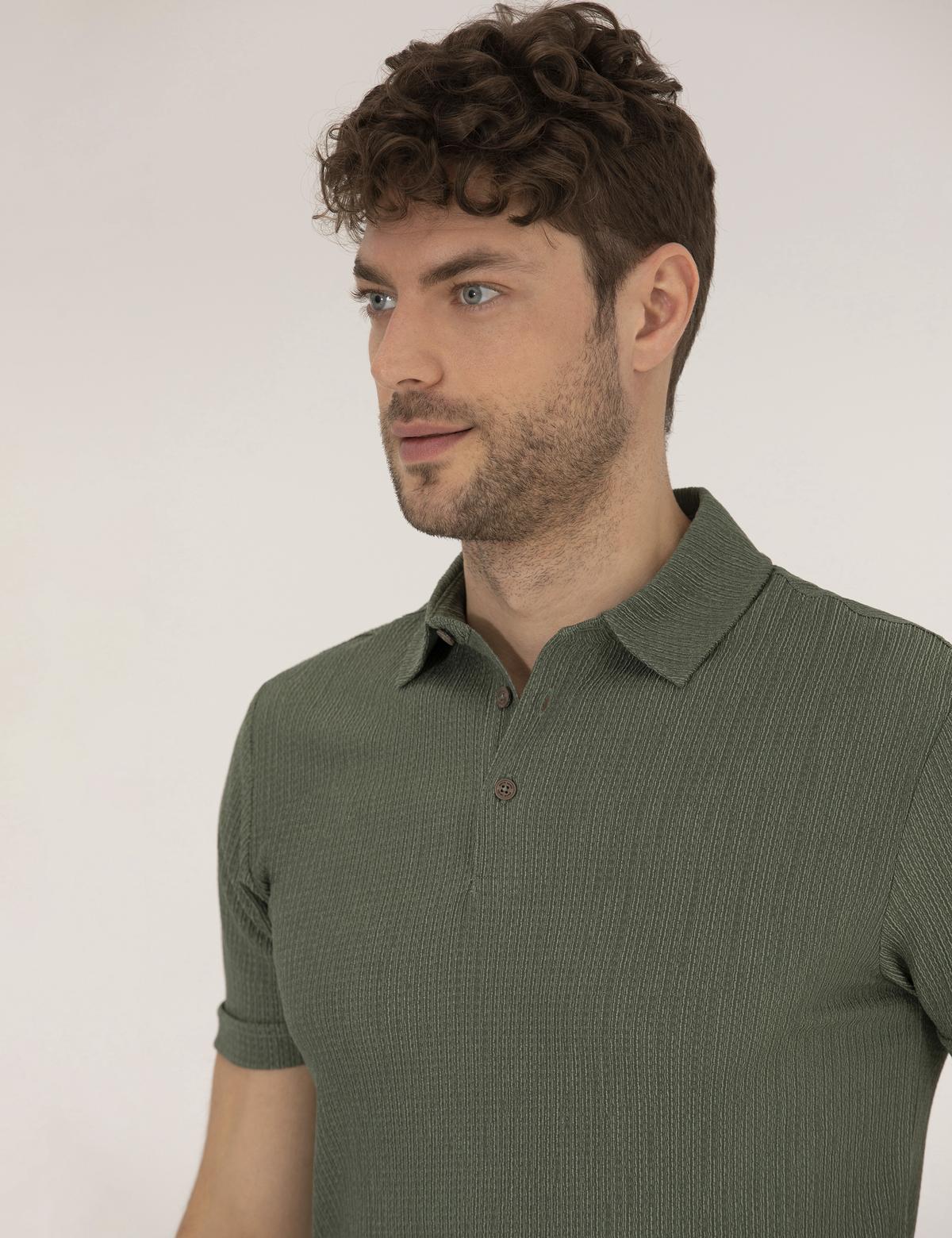 Haki Slim Fit Dokulu Polo Yaka Tişört - 50267574015