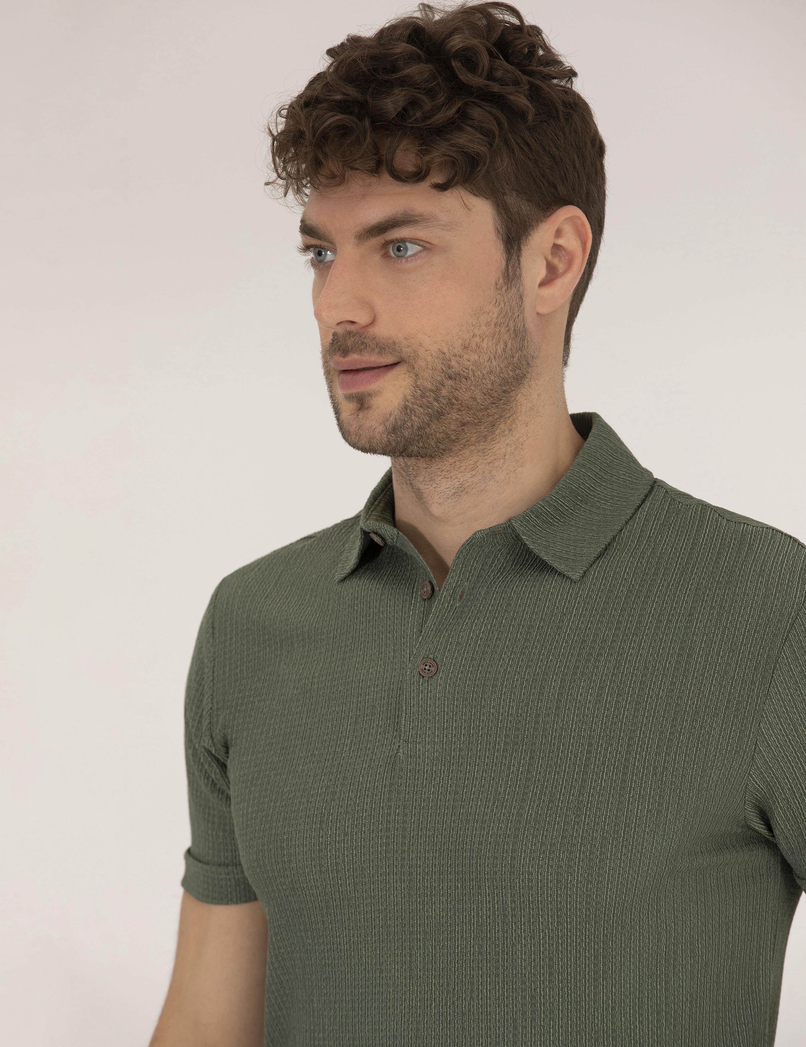 Haki Slim Fit Dokulu Polo Yaka Tişört